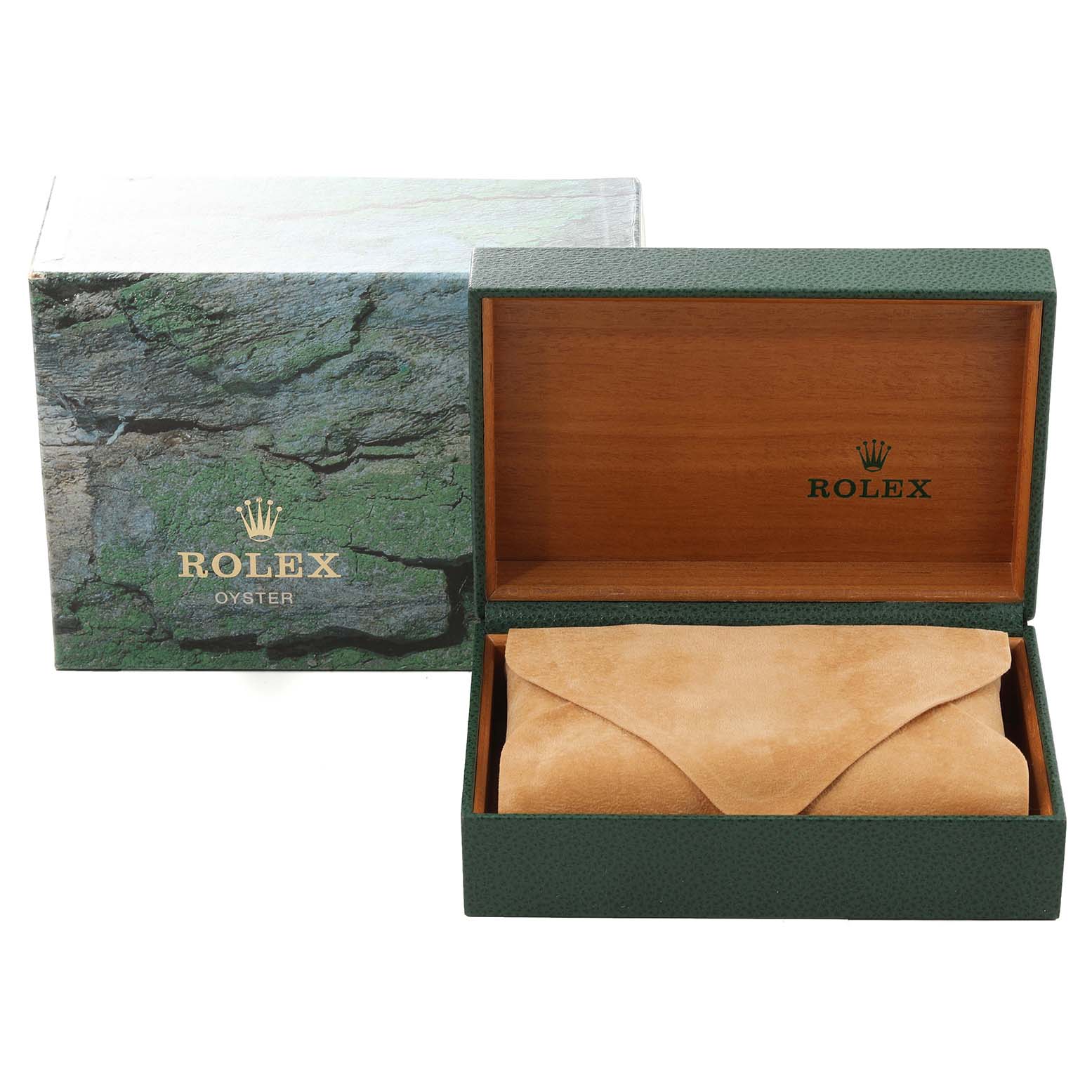 The image shows a green Rolex Date 15223 Men's Steel and Gold (two tone) Champagne Dial 15223 Men's Steel and Gold (two tone) Champagne Dial model watch box and its packaging, with the watch wrapped inside a tan pouch.