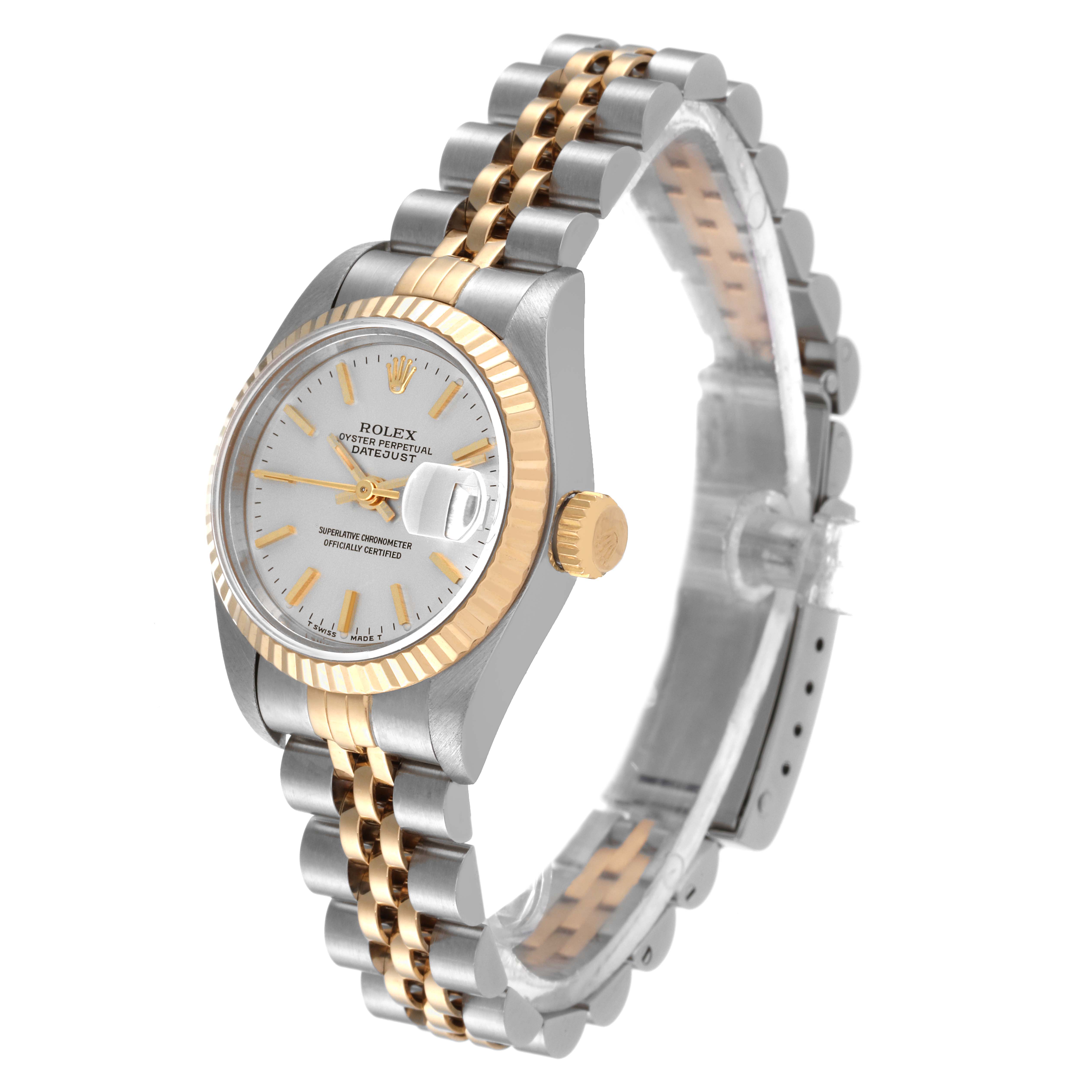 The Rolex Date 69173 Women's Steel and Gold (two tone) Silver Dial 69173 Women's Steel and Gold (two tone) Silver Dial model watch is shown at a slight angle, displaying its dial, bezel, and two-tone bracelet.