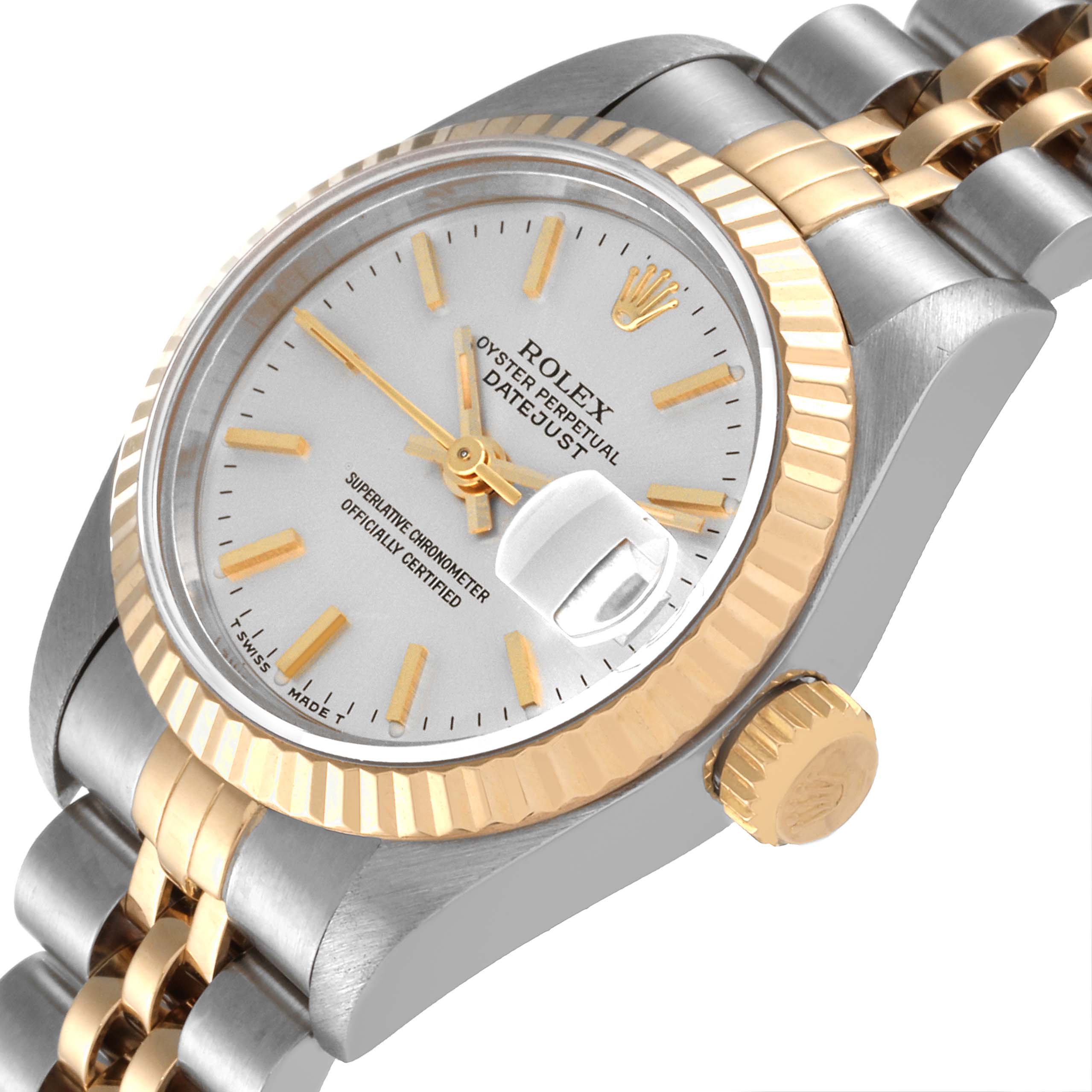 This image shows a close-up angle of the Rolex Date 69173 Women's Steel and Gold (two tone) Silver Dial 69173 Women's Steel and Gold (two tone) Silver Dialjust watch, focusing on the dial, bezel, and part of the bracelet.