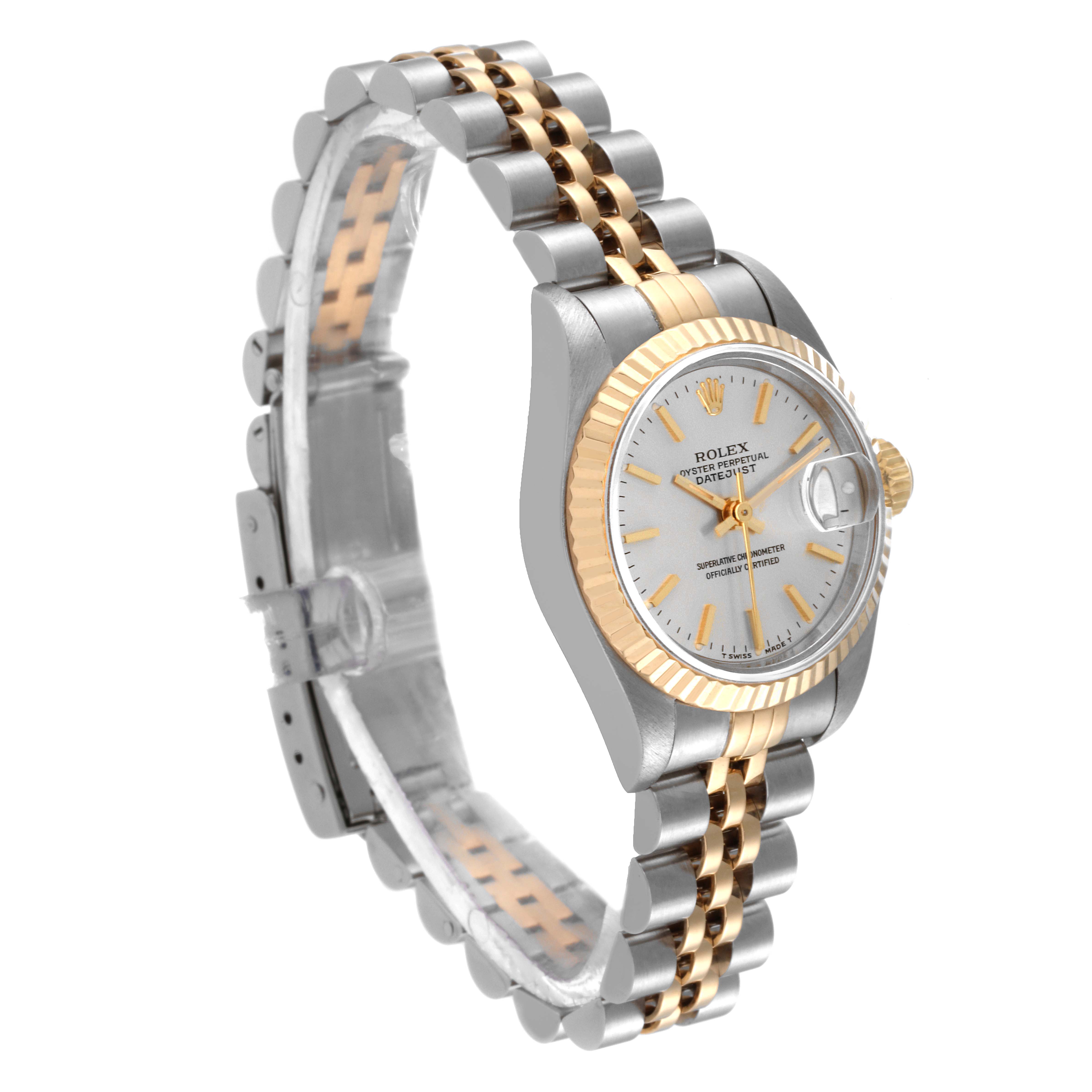 The image shows a Rolex Date 69173 Women's Steel and Gold (two tone) Silver Dial 69173 Women's Steel and Gold (two tone) Silver Dial model watch at a three-quarter angle, highlighting its dial, case, and two-tone bracelet.
