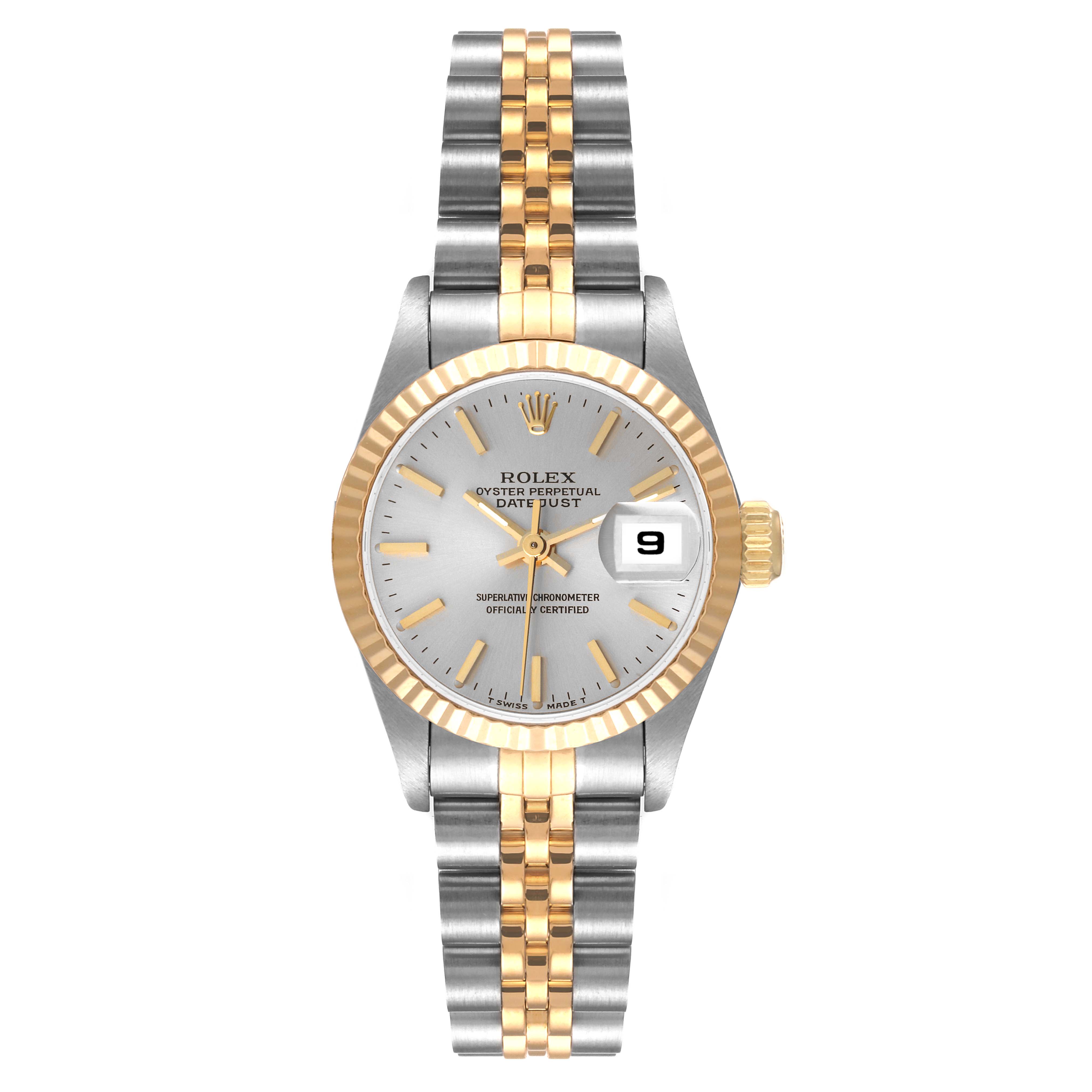 This image shows a Rolex Date 69173 Women's Steel and Gold (two tone) Silver Dial 69173 Women's Steel and Gold (two tone) Silver Dial model watch from a top-down angle, featuring its face, dial, bezel, and bracelet.