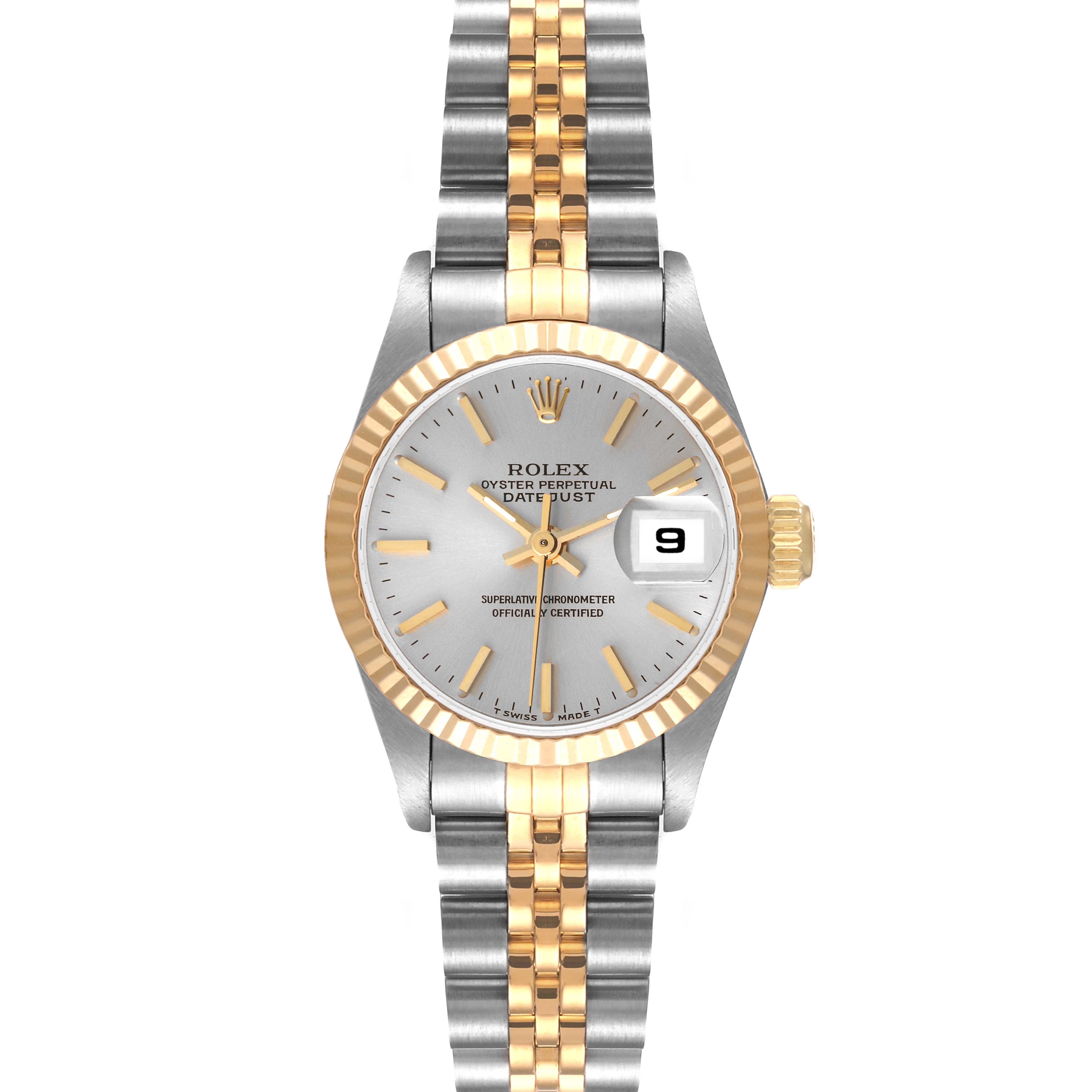 The image shows a front view of the Rolex Date 69173 Women's Steel and Gold (two tone) Silver Dial 69173 Women's Steel and Gold (two tone) Silver Dialjust, displaying the dial, case, hands, date window, and the two-tone bracelet.