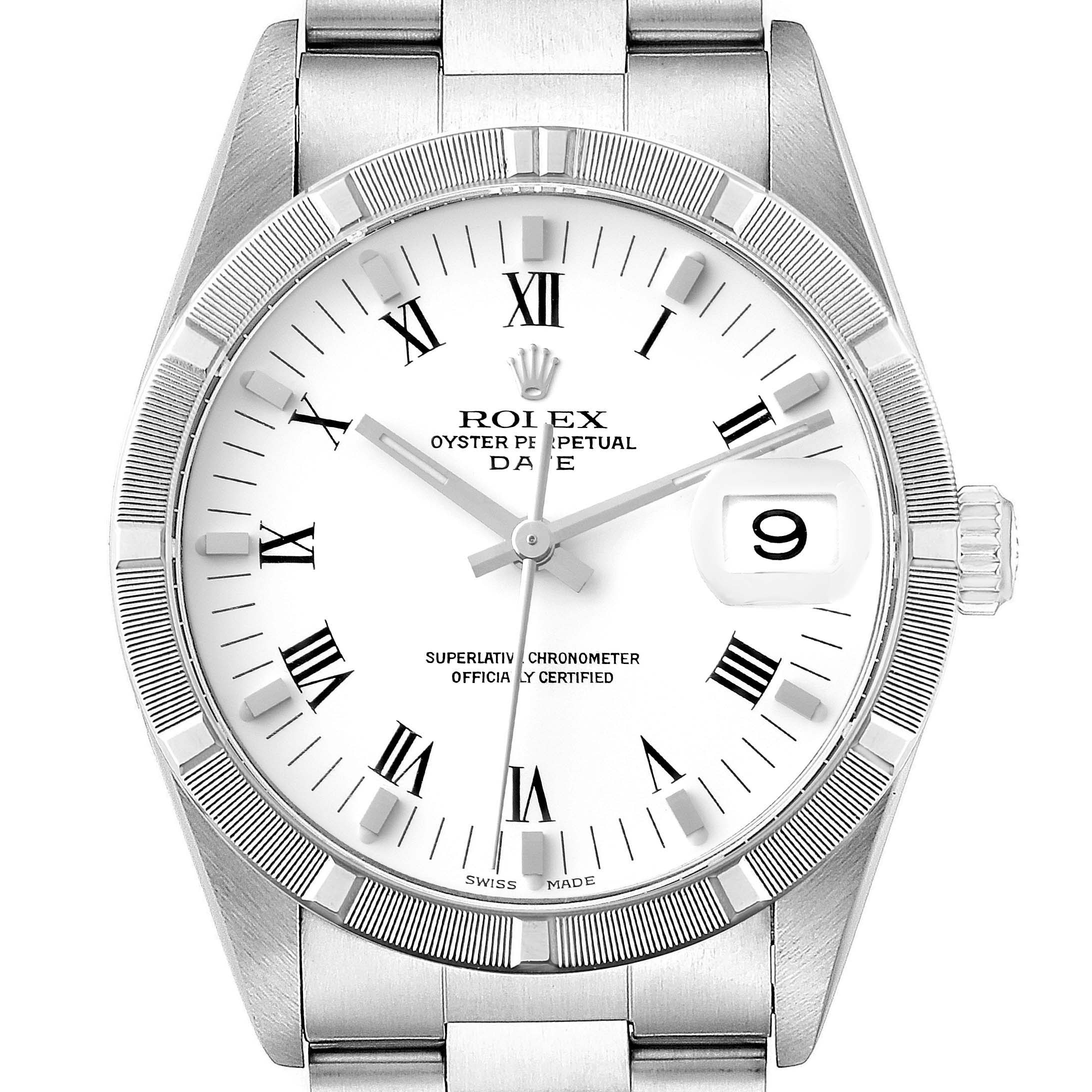 This image shows a front view of the Rolex Date 15210 Men's Stainless Steel White Dial 15210 Men's Stainless Steel White Dial model, displaying the dial, hands, and bracelet.