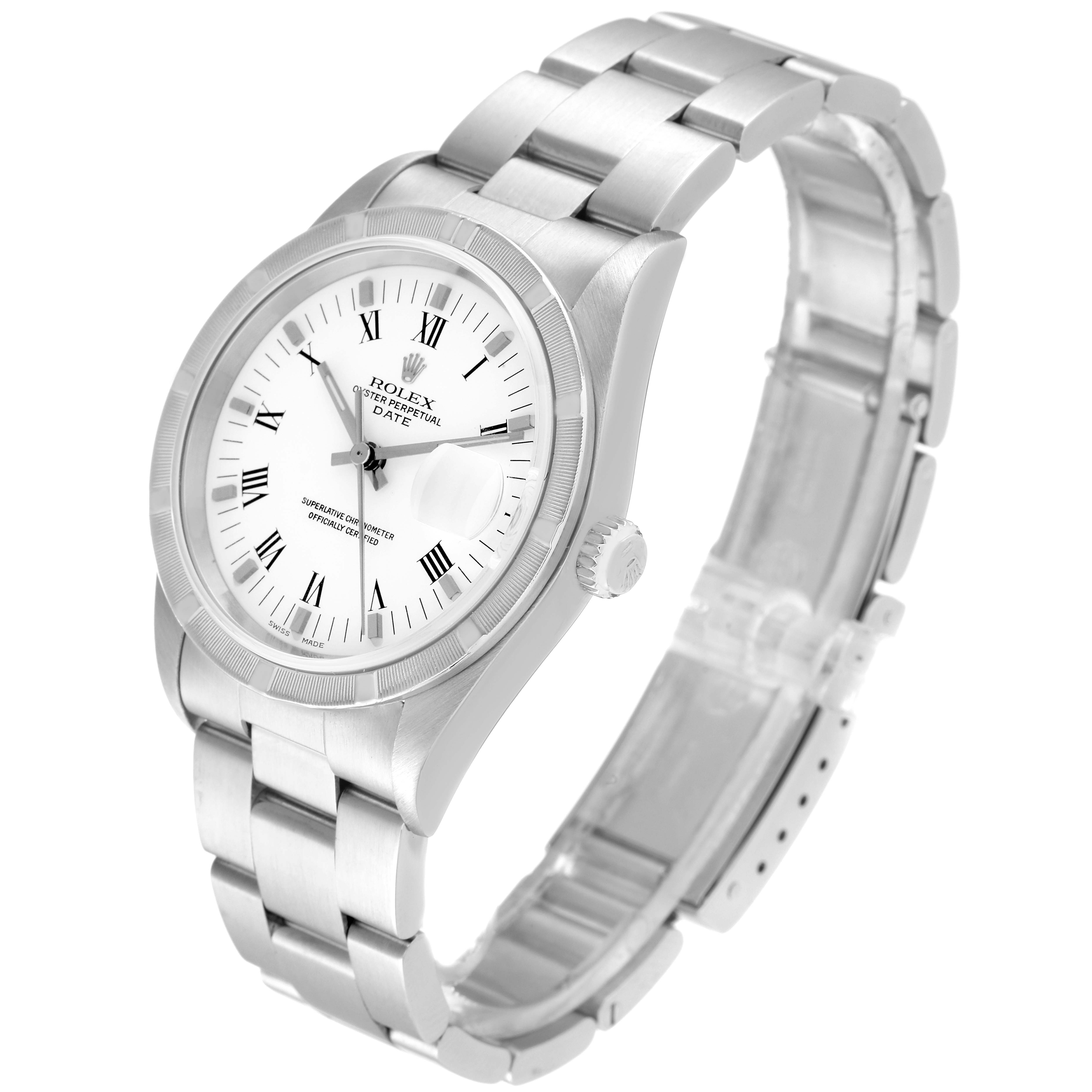 The image shows a Rolex Date 15210 Men's Stainless Steel White Dial 15210 Men's Stainless Steel White Dial model watch featuring a stainless steel bracelet and a white dial with Roman numerals, angled from the front-left side.