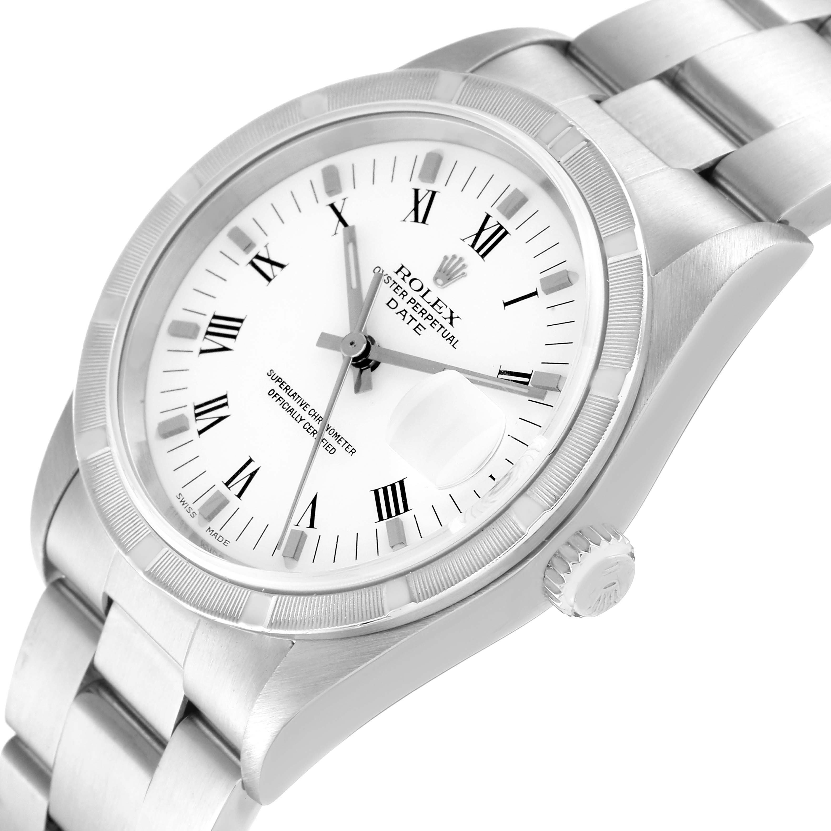 The image shows a Rolex Date 15210 Men's Stainless Steel White Dial 15210 Men's Stainless Steel White Dial model watch angled slightly from above, displaying the dial, bezel, crown, and part of the bracelet.
