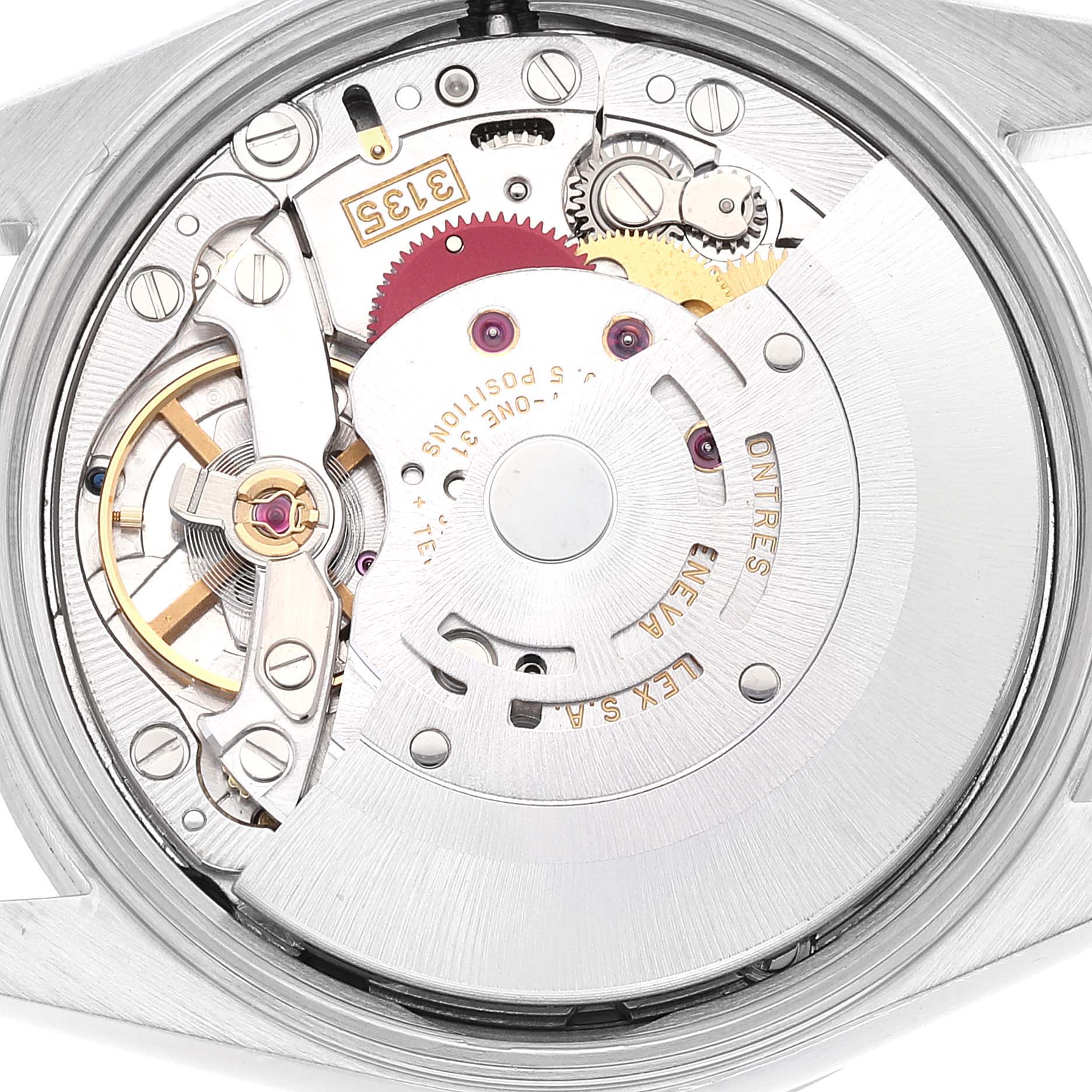 The image shows the internal movement and mechanical components of a Rolex Date 15210 Men's Stainless Steel White Dial 15210 Men's Stainless Steel White Dial model watch, viewed from the back.