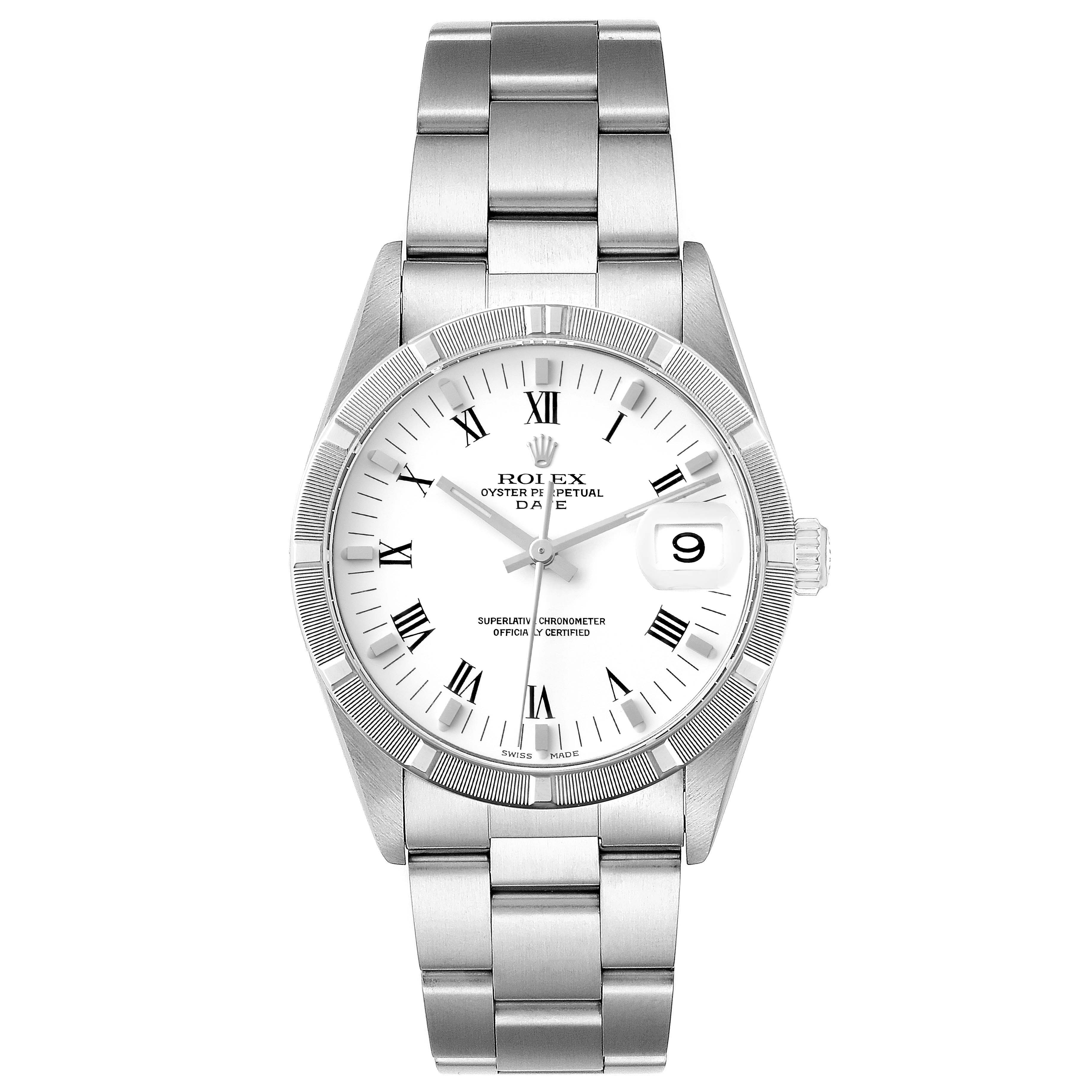 This image shows a Rolex Date 15210 Men's Stainless Steel White Dial 15210 Men's Stainless Steel White Dial model watch from a top-down angle, displaying its face, bezel, bracelet, and crown.