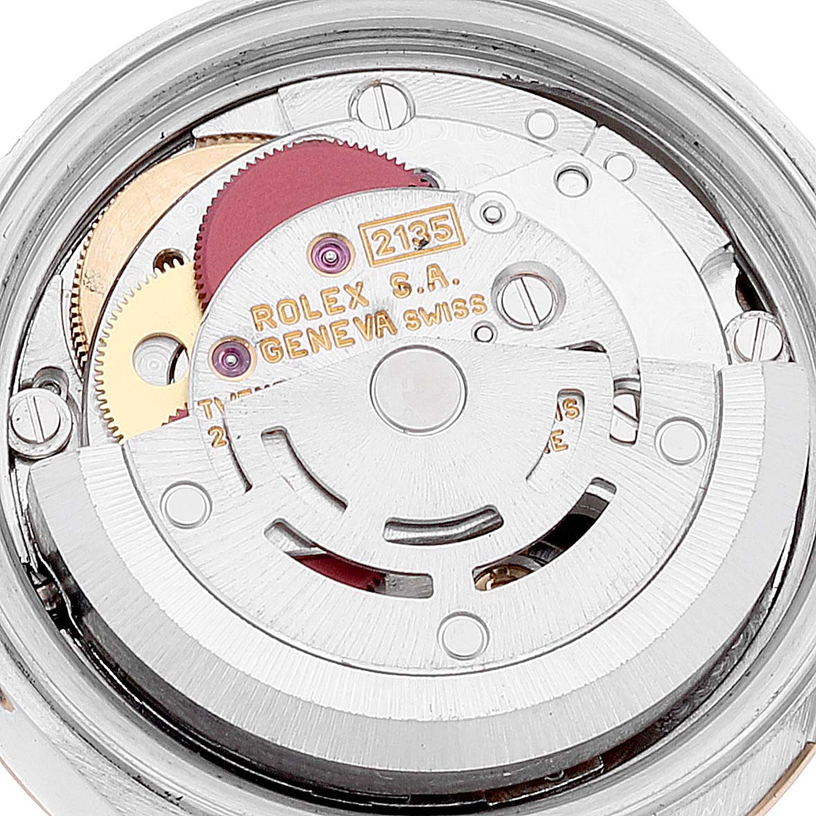 This image shows an up-close view of the inner mechanical movement of a Rolex Datejust 69173 Women's Steel and Gold (two tone) Champagne Dial 69173 Women's Steel and Gold (two tone) Champagne Dial watch.