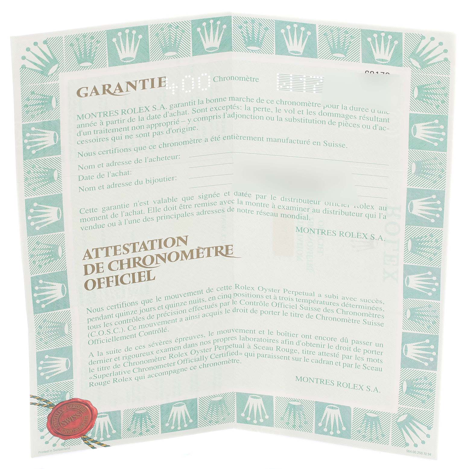 The image shows a warranty certificate for the Rolex Datejust 69173 Women's Steel and Gold (two tone) Champagne Dial 69173 Women's Steel and Gold (two tone) Champagne Dial model, featuring company details and branding.