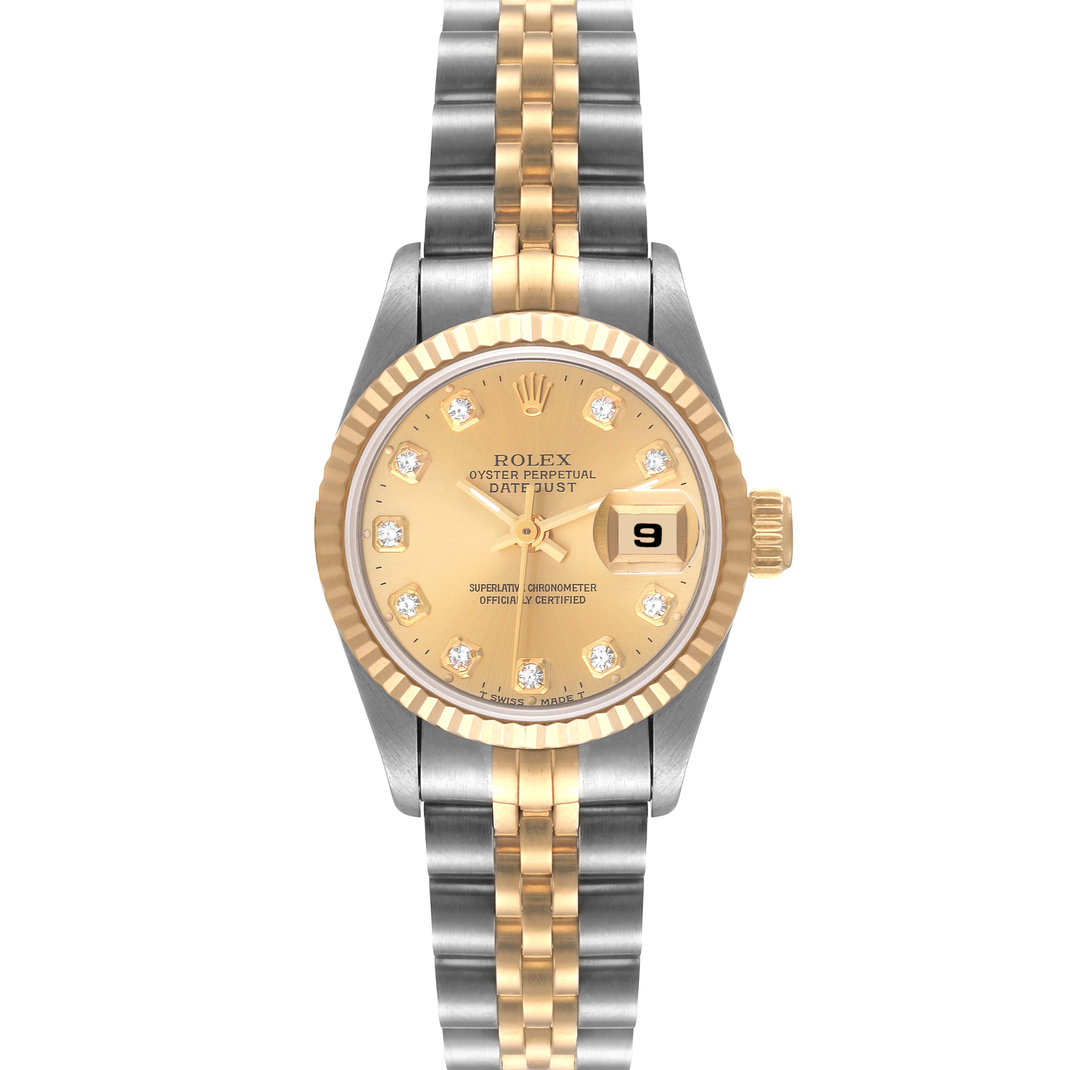 The image shows a front view of a Rolex Datejust 69173 Women's Steel and Gold (two tone) Champagne Dial 69173 Women's Steel and Gold (two tone) Champagne Dial watch, featuring a gold and silver bracelet, diamond markers, and a date window.