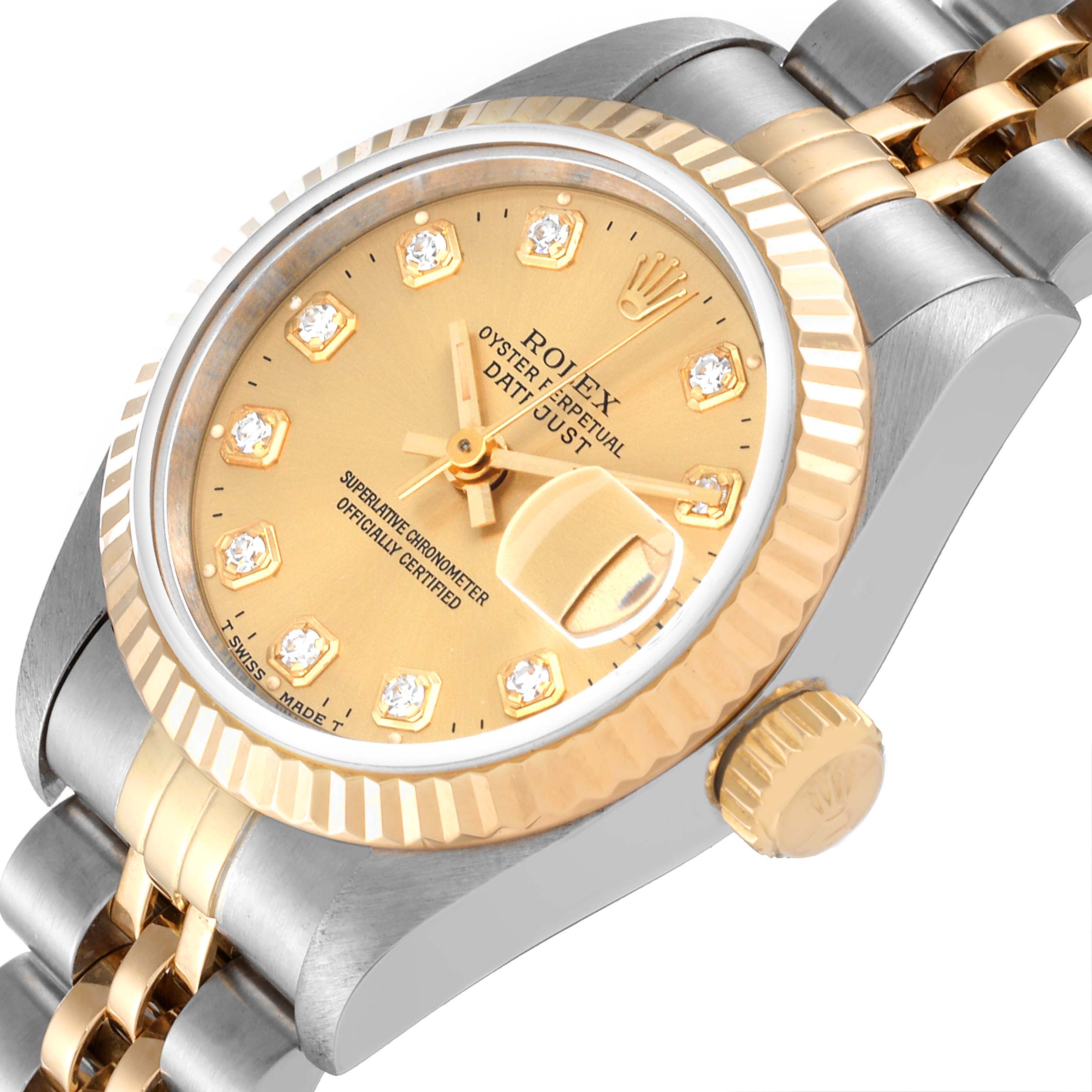 This image shows a close-up angled view of the dial, bezel, and crown of a Rolex Datejust 69173 Women's Steel and Gold (two tone) Champagne Dial 69173 Women's Steel and Gold (two tone) Champagne Dial watch.