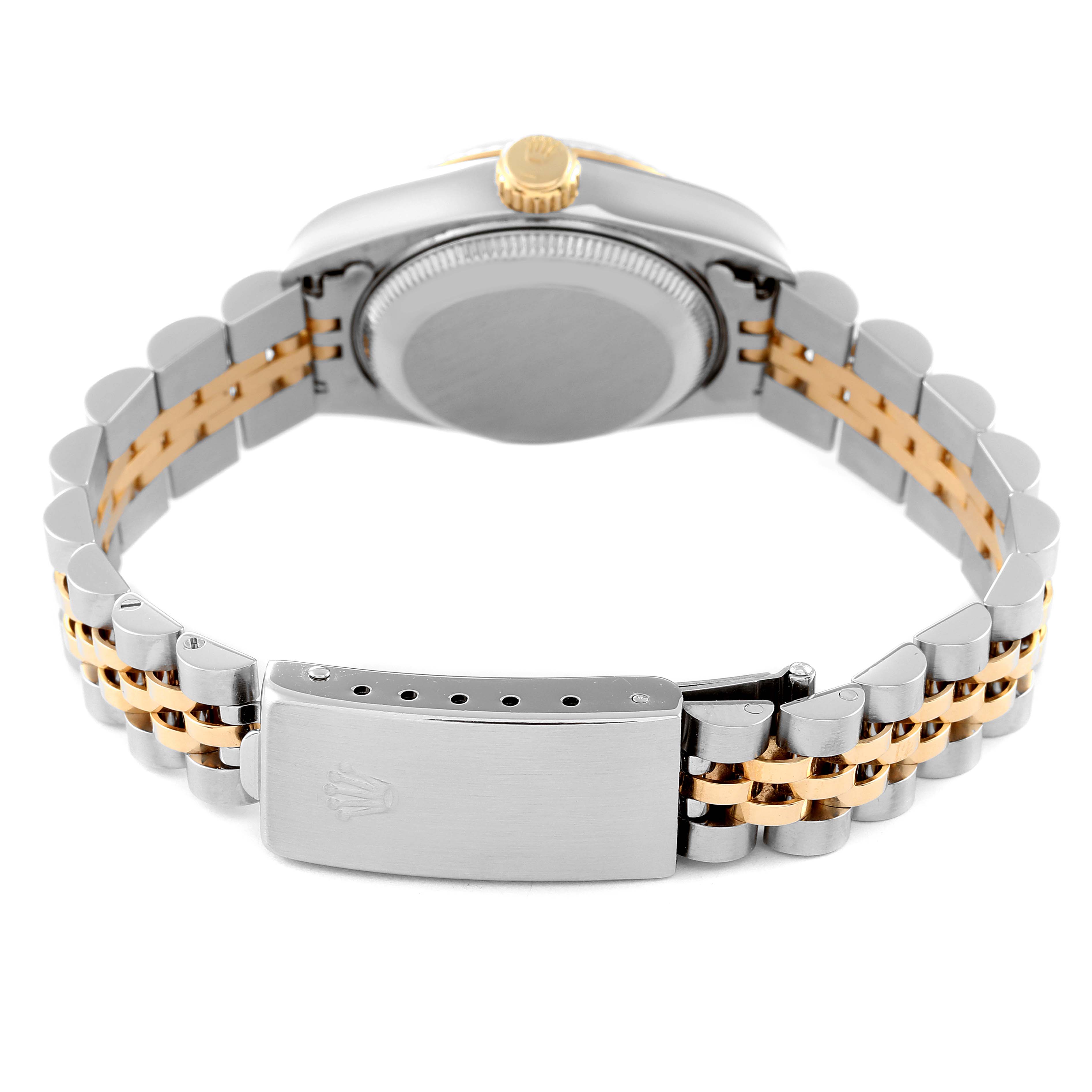 The image shows the back view of a Rolex Datejust 69173 Women's Steel and Gold (two tone) Champagne Dial 69173 Women's Steel and Gold (two tone) Champagne Dial watch, highlighting the case, gold crown, and two-tone Jubilee bracelet with clasp.
