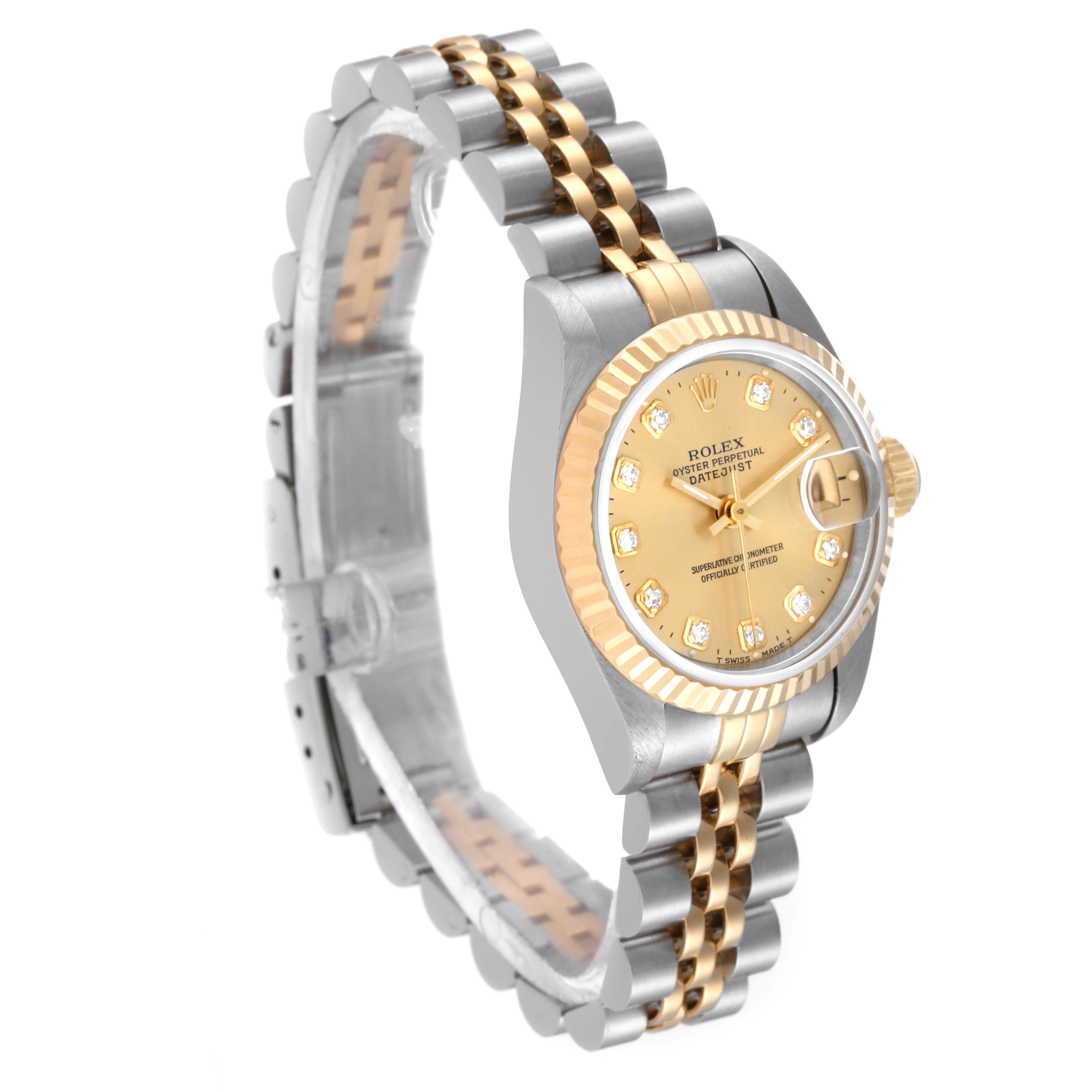The Rolex Datejust 69173 Women's Steel and Gold (two tone) Champagne Dial 69173 Women's Steel and Gold (two tone) Champagne Dial watch is shown at a slight side angle, displaying the face, bezel, and two-tone bracelet.
