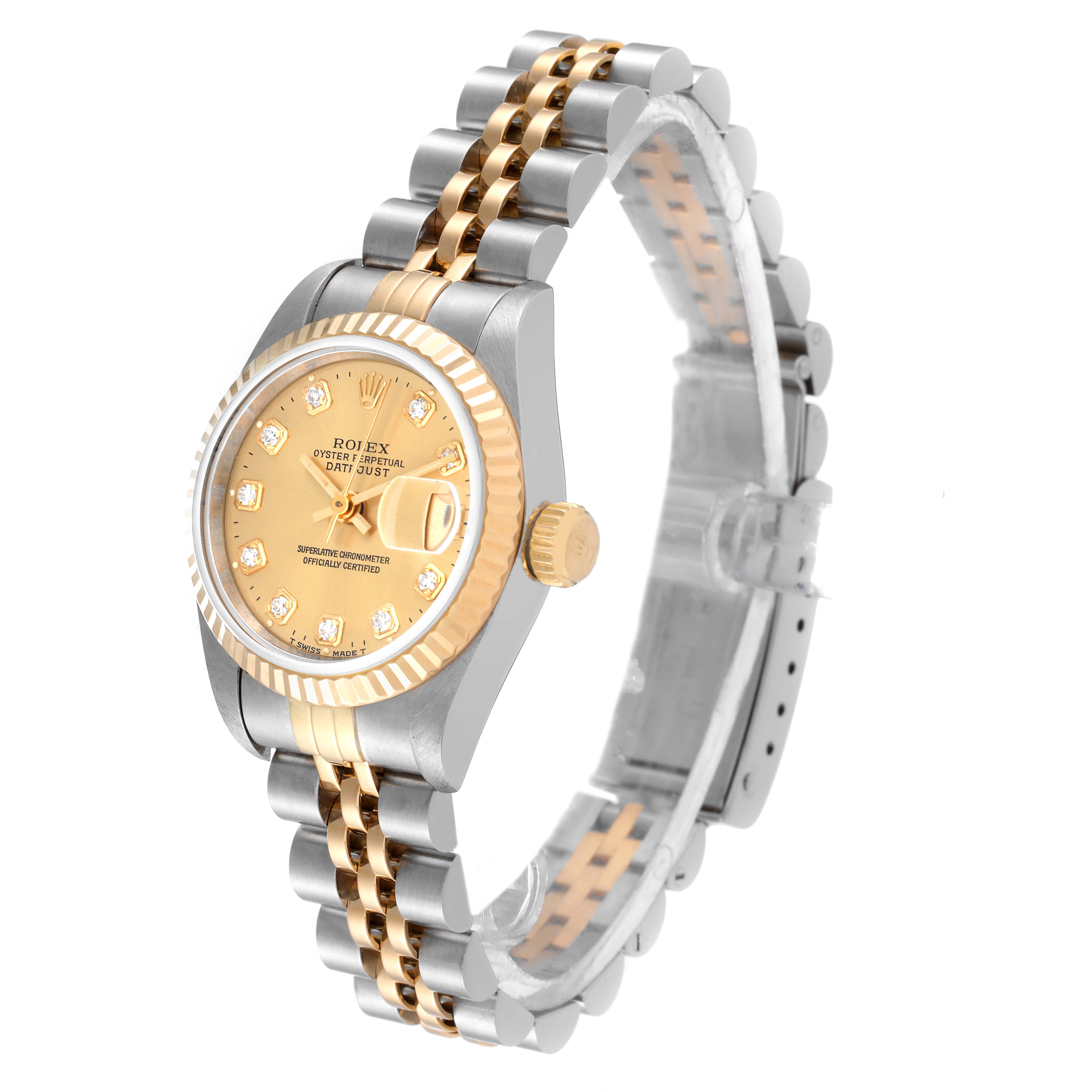 The image shows a Rolex Datejust 69173 Women's Steel and Gold (two tone) Champagne Dial 69173 Women's Steel and Gold (two tone) Champagne Dial watch at a three-quarter angle, displaying the dial, bezel, crown, and bracelet.