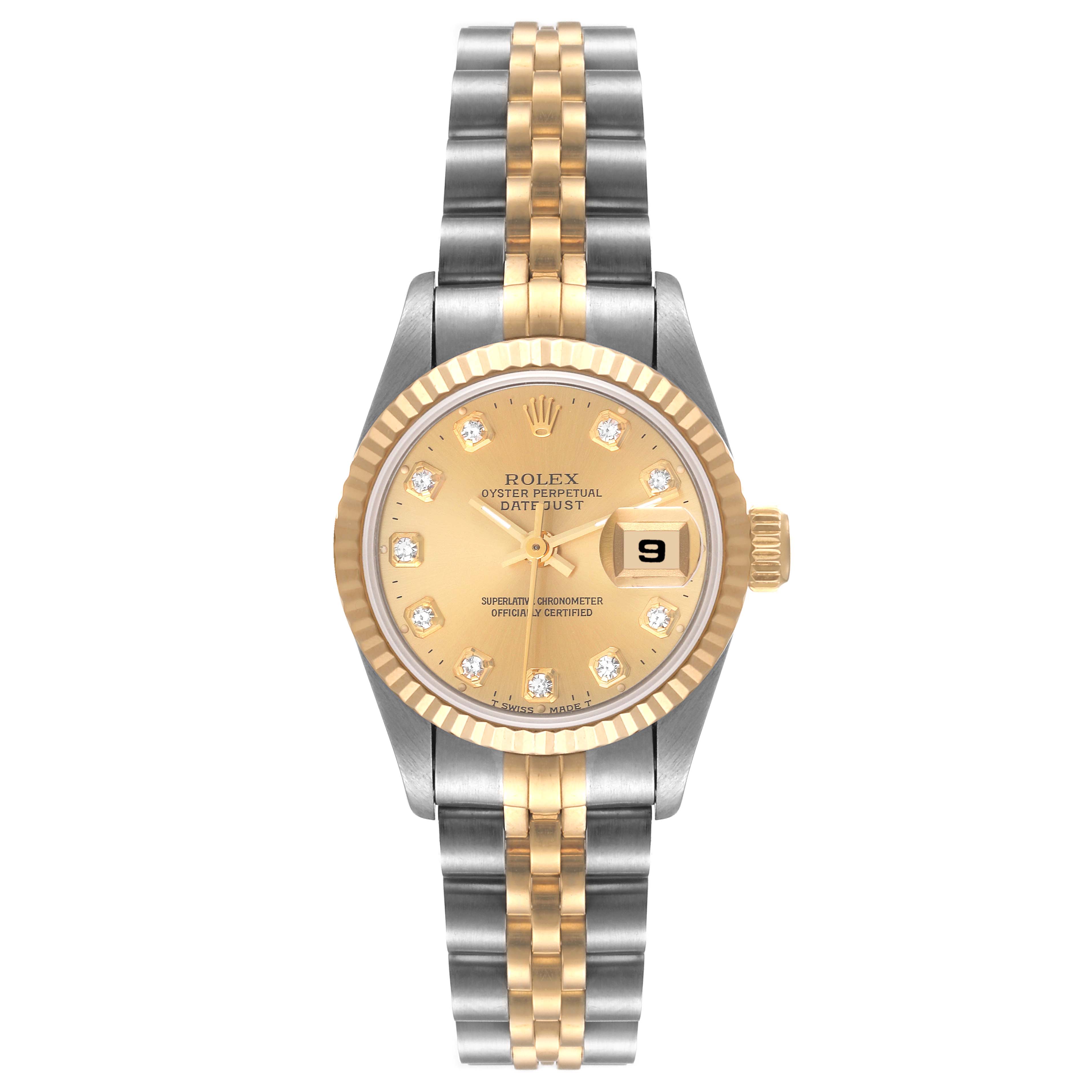 The image shows a frontal view of the Rolex Datejust 69173 Women's Steel and Gold (two tone) Champagne Dial 69173 Women's Steel and Gold (two tone) Champagne Dial watch, featuring its dial, bezel, case, and bracelet.