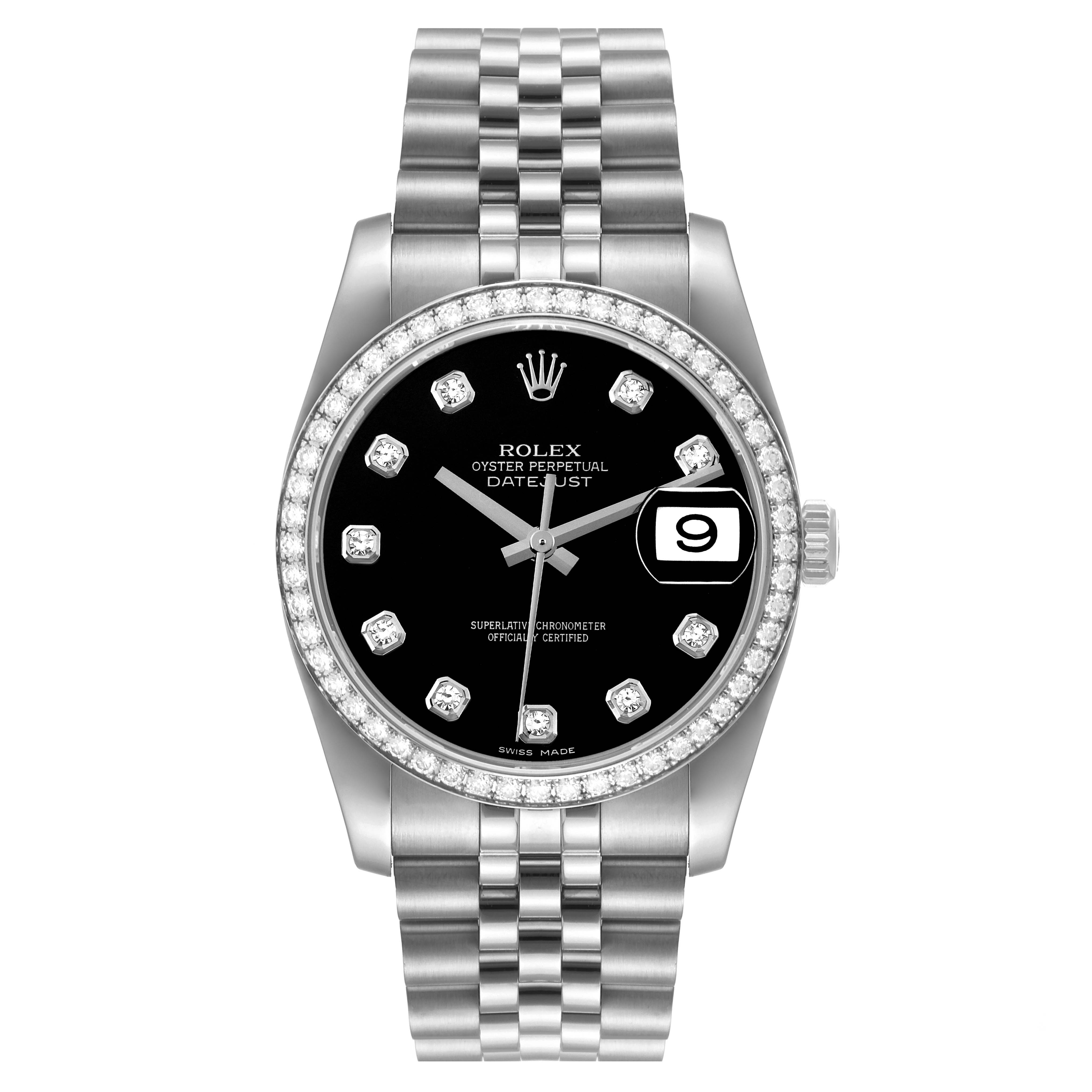 This image shows a Rolex Datejust 116244 Men's Stainless Steel Black Dial 116244 Men's Stainless Steel Black Dial watch from a front angle, displaying the face, bracelet, and date window.