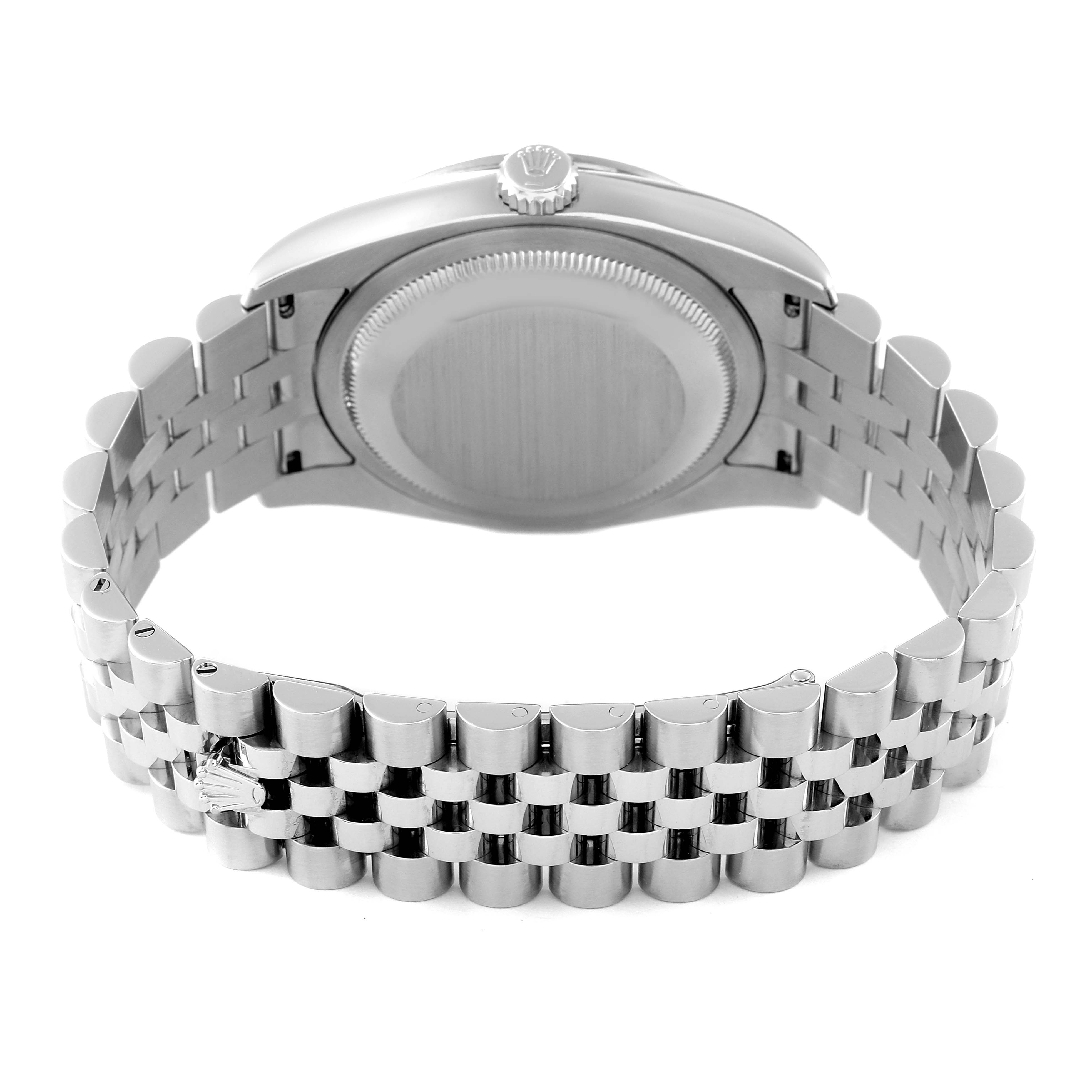 This image shows the back case and bracelet of a Rolex Datejust 116244 Men's Stainless Steel Black Dial 116244 Men's Stainless Steel Black Dial watch in a side angle.