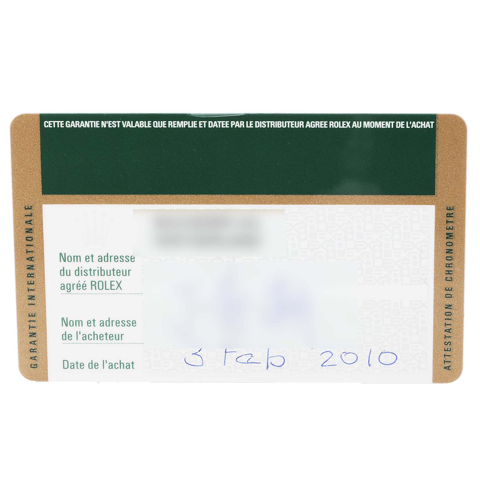 This image shows the guarantee card for a Rolex Datejust 116244 Men's Stainless Steel Black Dial 116244 Men's Stainless Steel Black Dial watch.