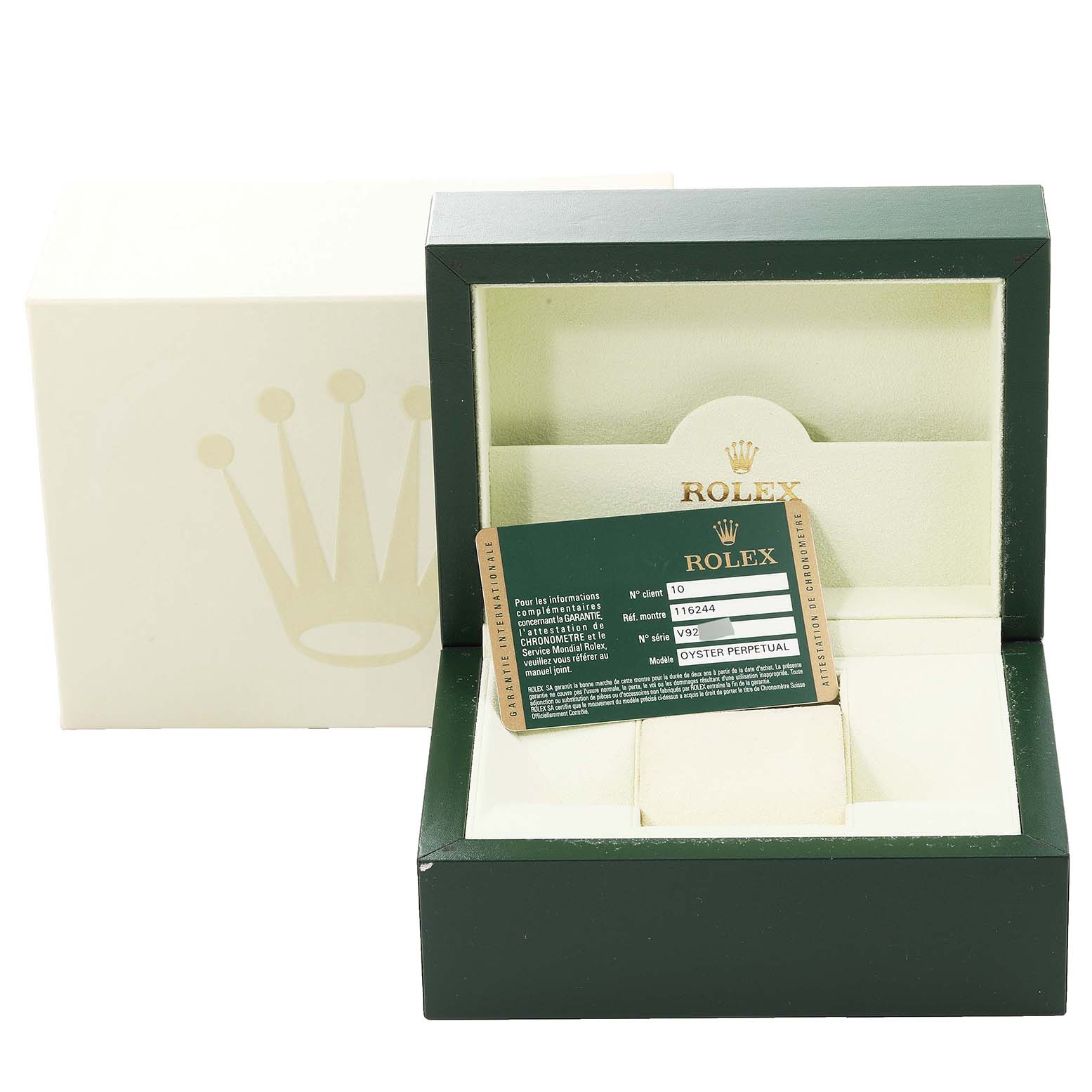 The image shows a Rolex Datejust 116244 Men's Stainless Steel Black Dial 116244 Men's Stainless Steel Black Dial watch box and authenticity card from a front angle.