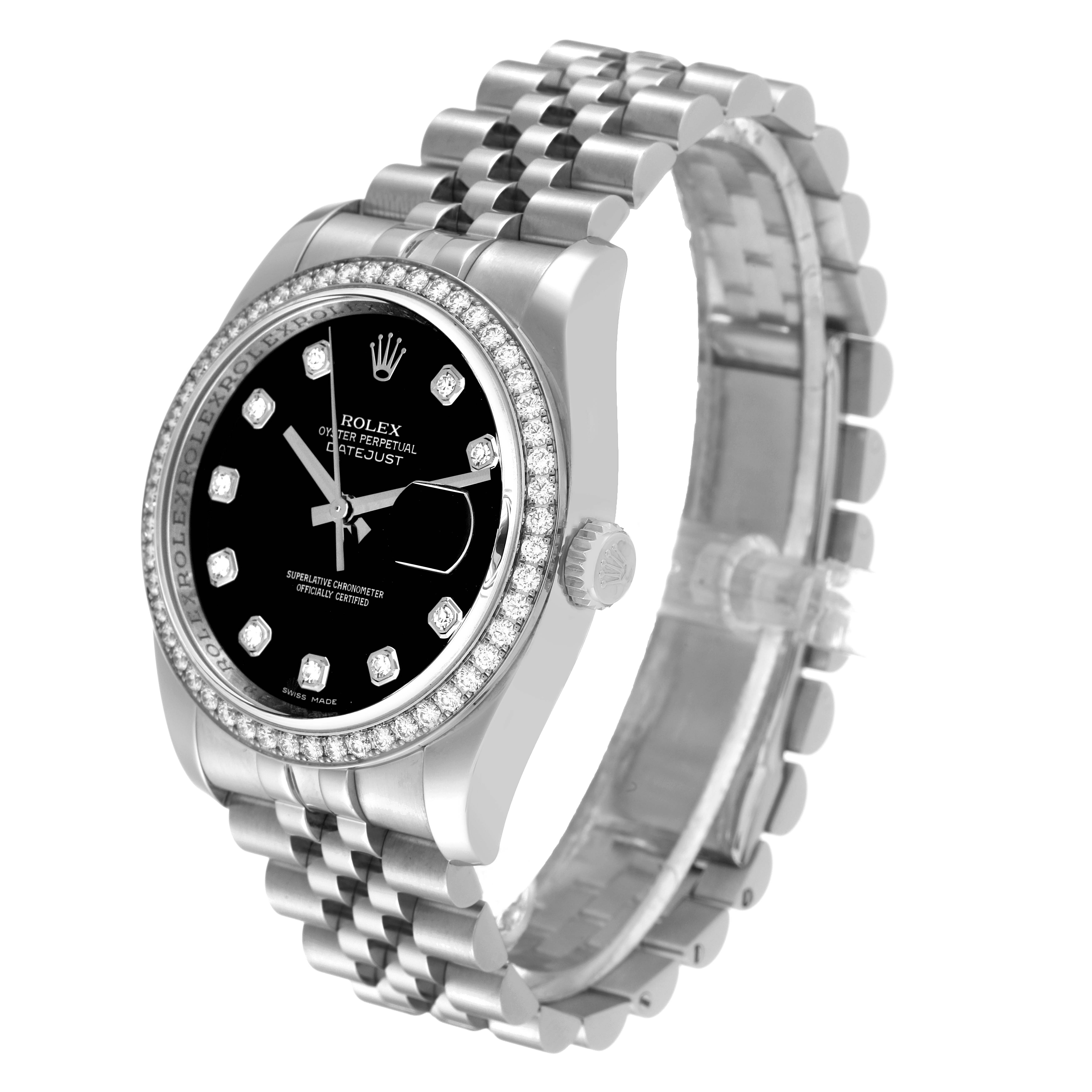 This image shows a Rolex Datejust 116244 Men's Stainless Steel Black Dial 116244 Men's Stainless Steel Black Dial watch from a front-side angle highlighting its bezel, dial, and bracelet.
