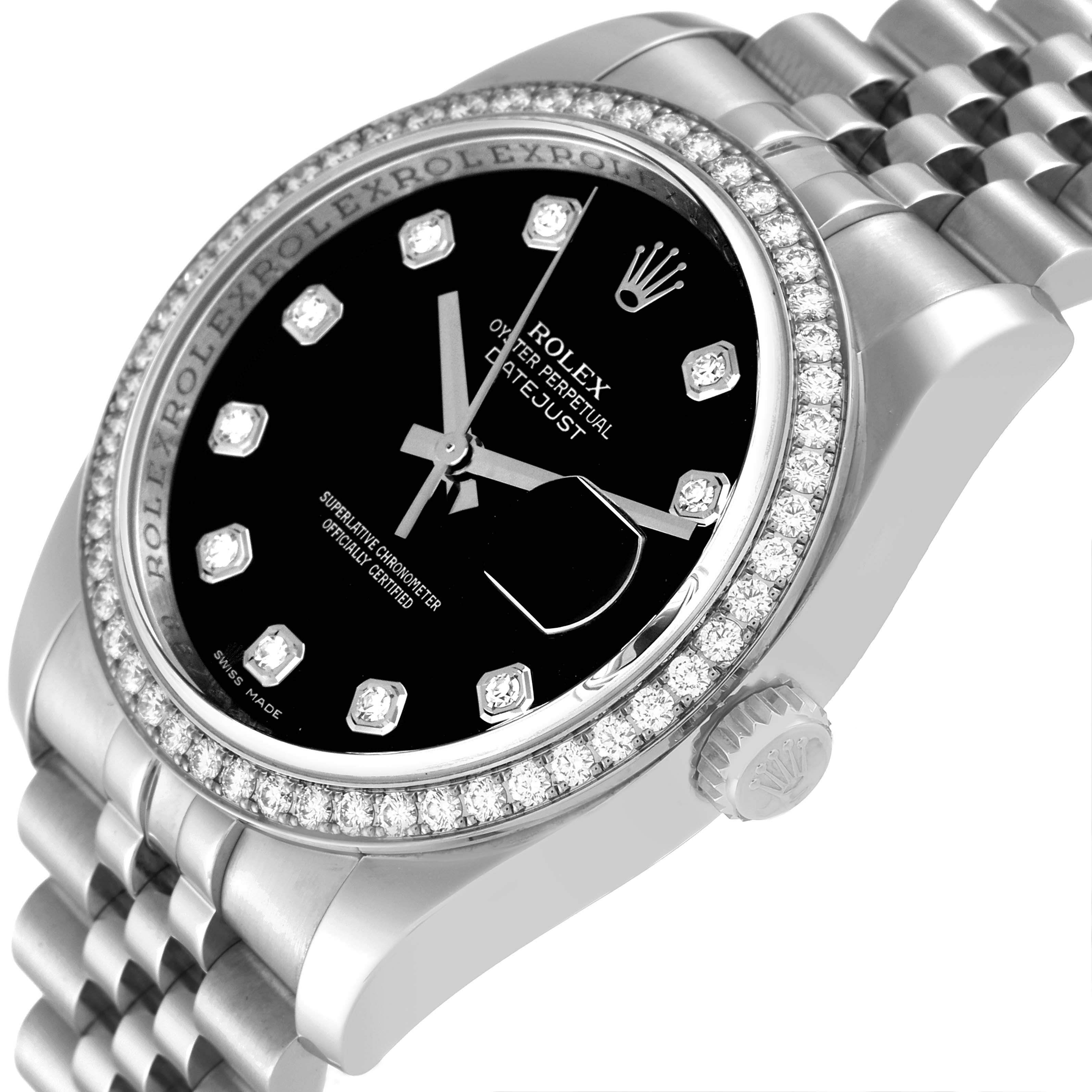 The image displays a side angle of the Rolex Datejust 116244 Men's Stainless Steel Black Dial 116244 Men's Stainless Steel Black Dial watch, highlighting the dial, bezel, and part of the bracelet.