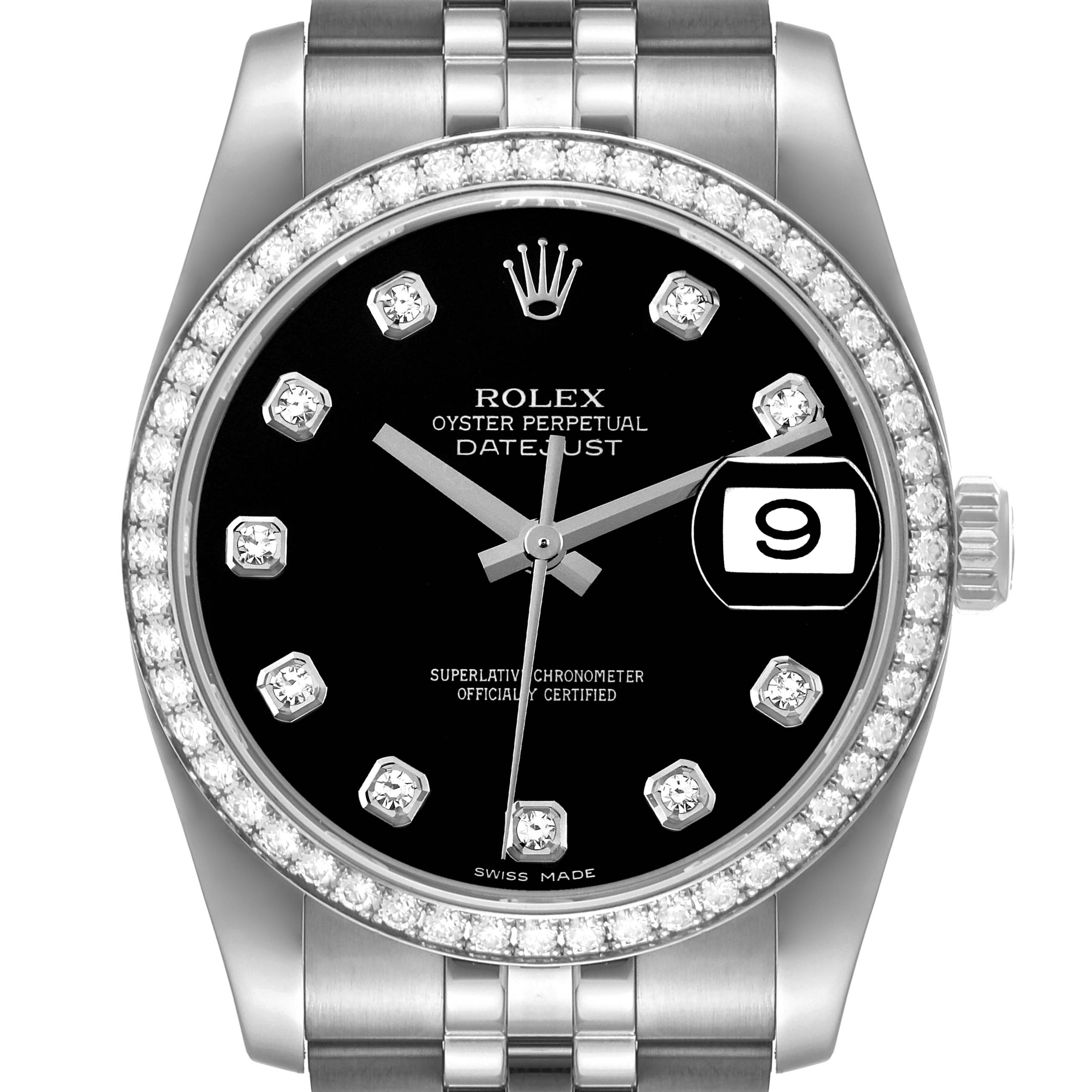 This image shows a frontal view of a Rolex Datejust 116244 Men's Stainless Steel Black Dial 116244 Men's Stainless Steel Black Dial watch, highlighting its diamond bezel and black dial with date display.