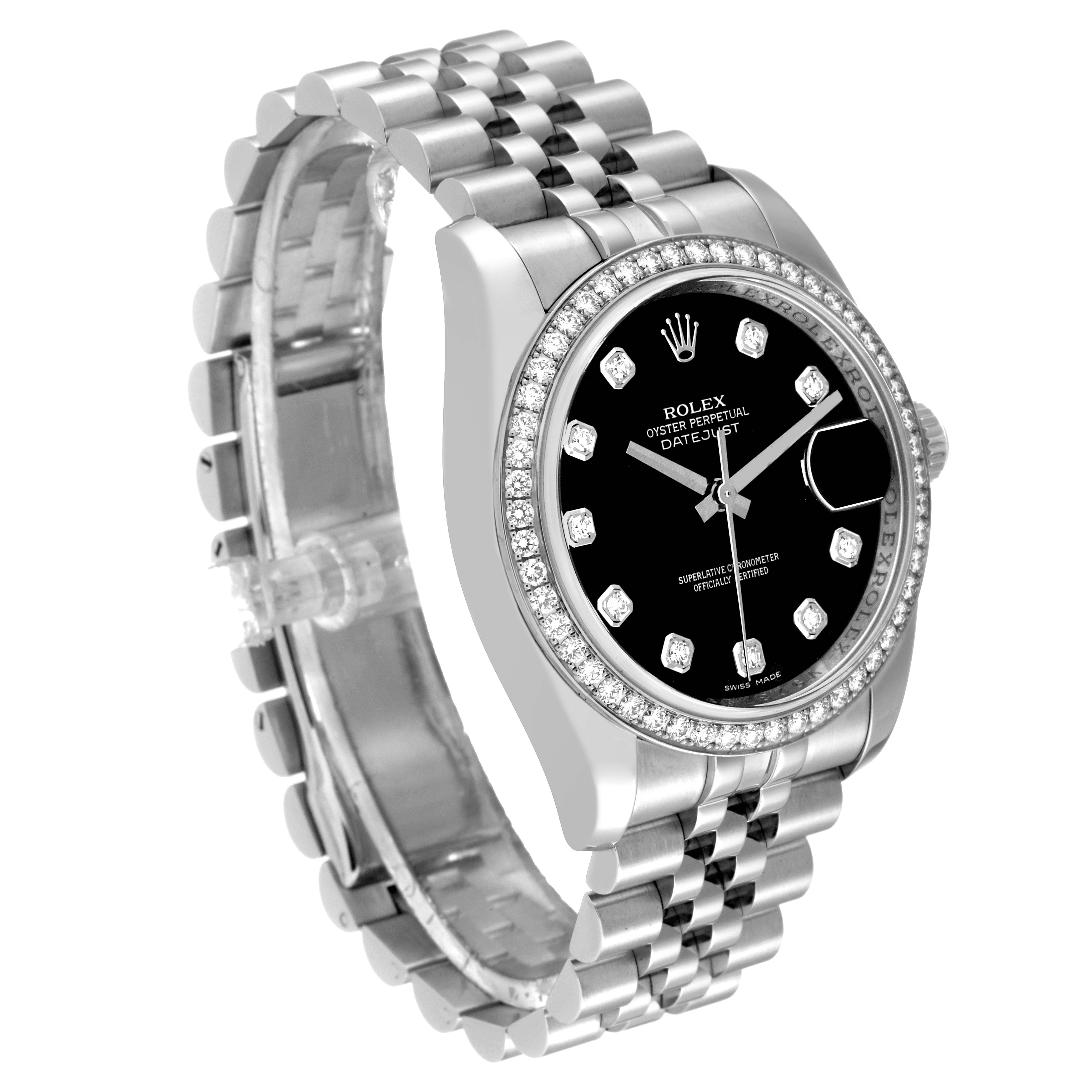 The Rolex Datejust 116244 Men's Stainless Steel Black Dial 116244 Men's Stainless Steel Black Dial watch is shown at a three-quarter angle, displaying its bezel, dial, and Jubilee bracelet.