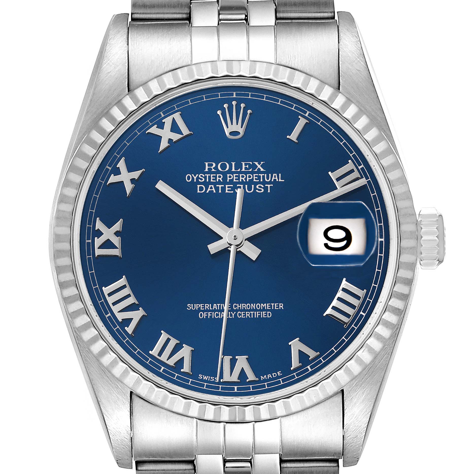 This is a close-up of the Rolex Datejust 16234 Men's Stainless Steel Blue Dial 16234 Men's Stainless Steel Blue Dial watch showing the dial, hands, bezel, crown, and part of the bracelet.