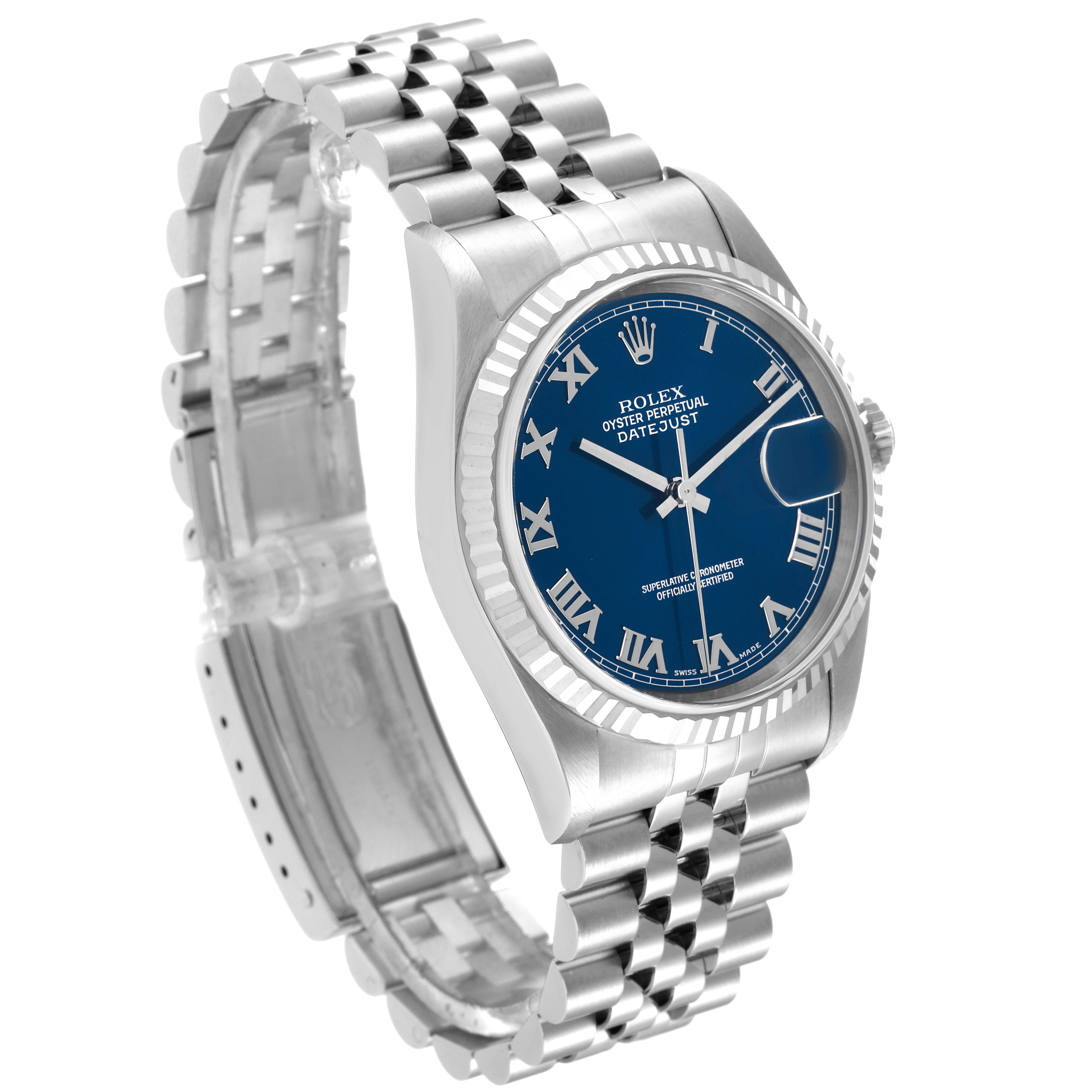 The Rolex Datejust 16234 Men's Stainless Steel Blue Dial 16234 Men's Stainless Steel Blue Dial watch is shown at an angled view, highlighting the blue dial, case, and jubilee bracelet.