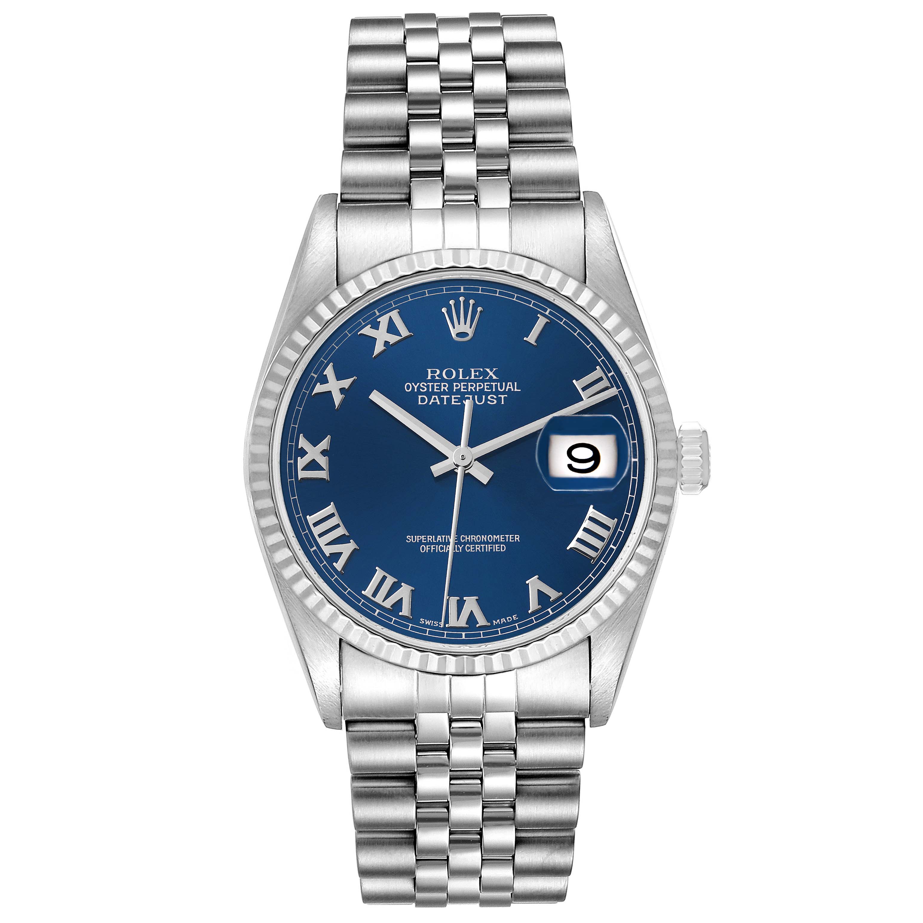 This image shows a frontal view of a Rolex Datejust 16234 Men's Stainless Steel Blue Dial 16234 Men's Stainless Steel Blue Dial watch, highlighting its blue dial, jubilee bracelet, and date window.
