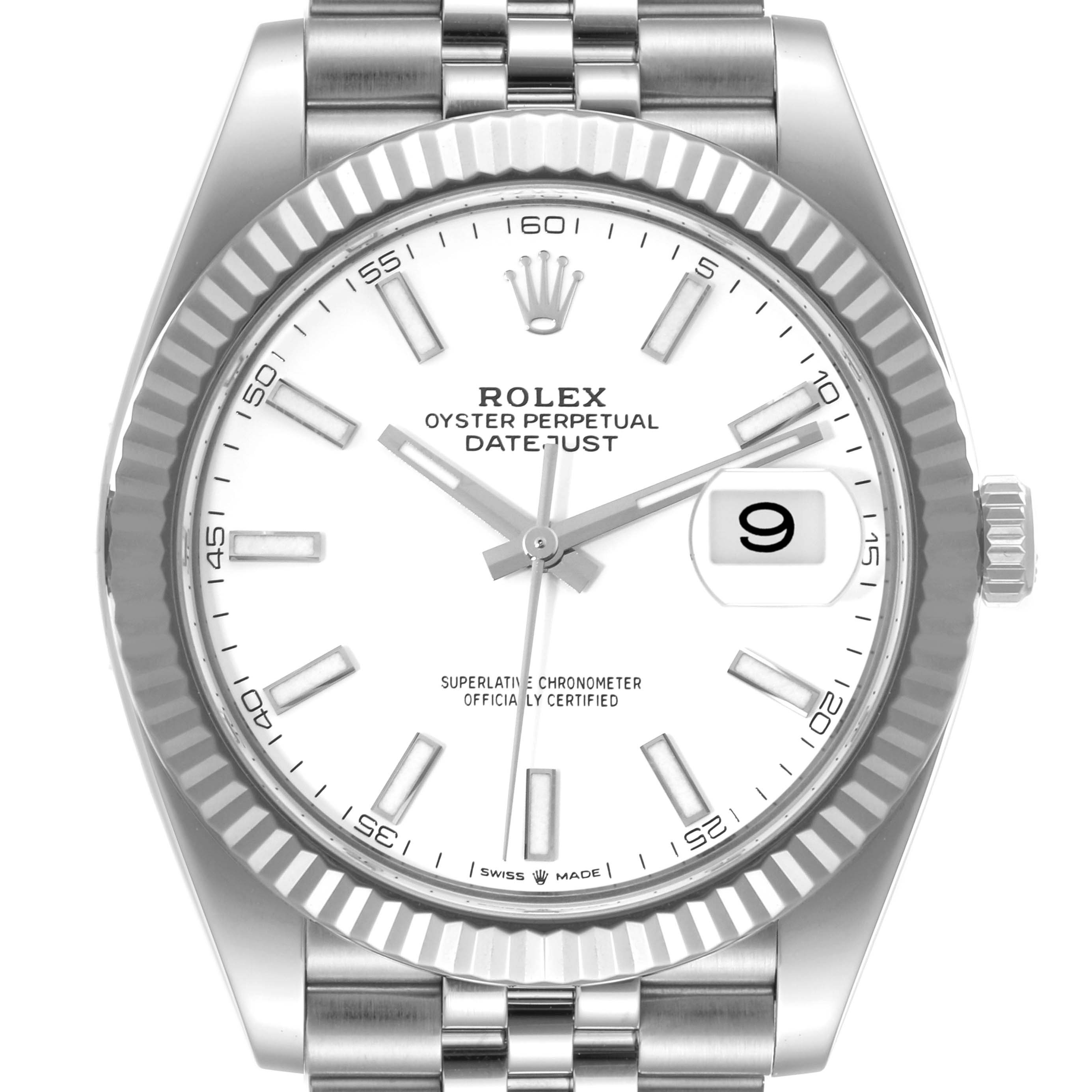 The image shows a frontal view of the Rolex Datejust 41 126334 Men's Stainless Steel White Dial 126334 Men's Stainless Steel White Dial watch, highlighting its white dial, fluted bezel, and Jubilee bracelet.
