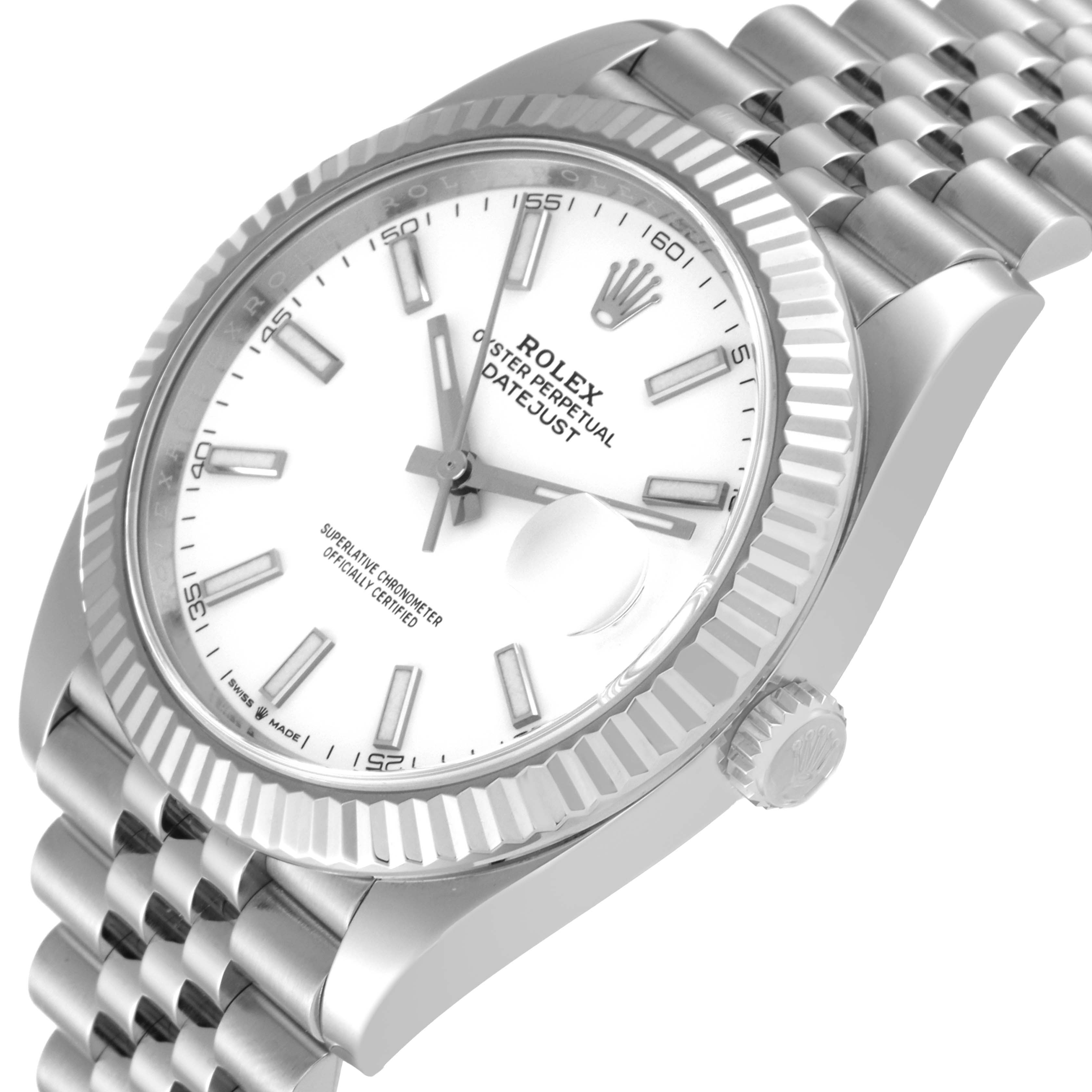 The image shows a close-up, slightly angled view of the Rolex Datejust 41 126334 Men's Stainless Steel White Dial 126334 Men's Stainless Steel White Dial watch, focusing on the dial, bezel, and part of the bracelet.