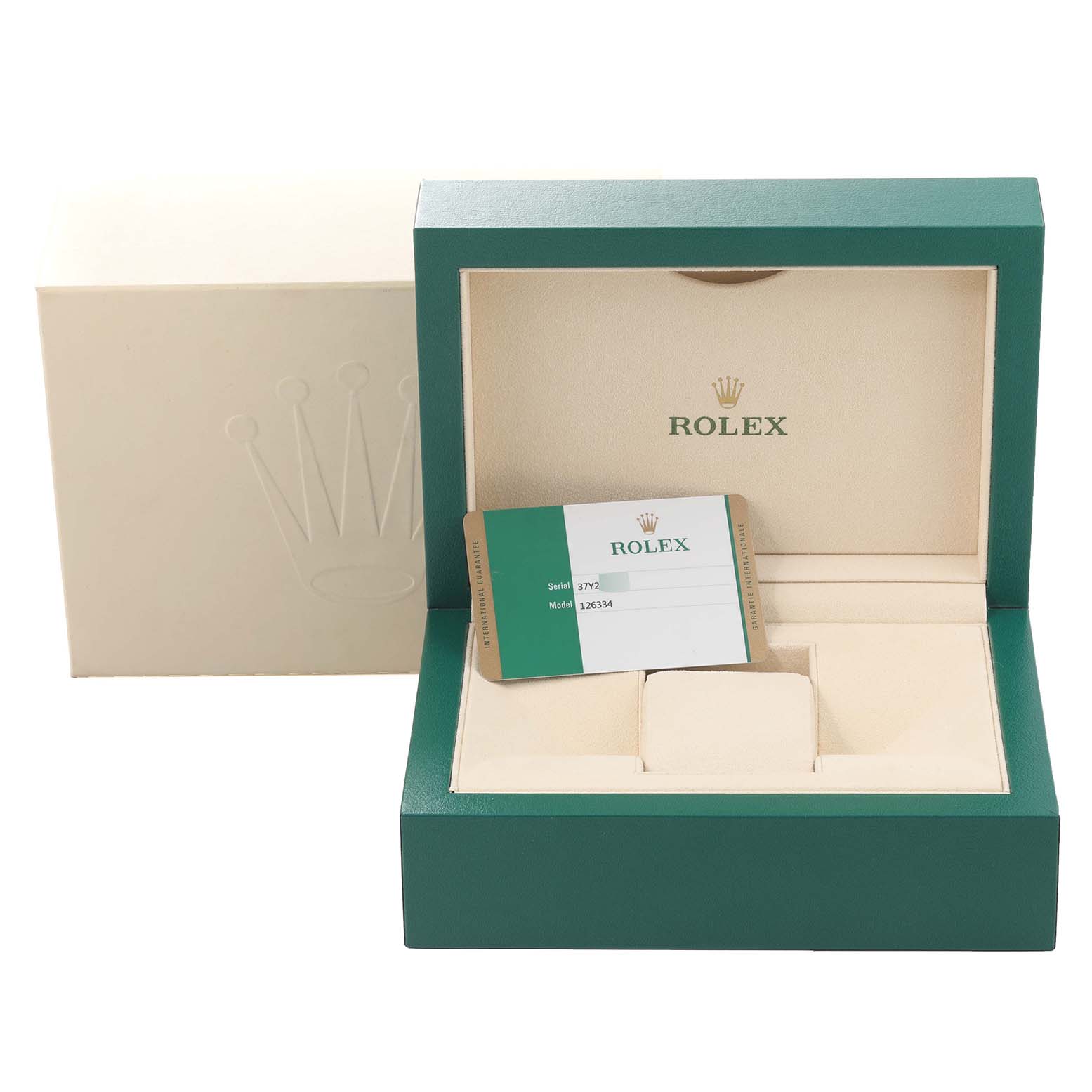 The image features an open Rolex Datejust 41 126334 Men's Stainless Steel White Dial 126334 Men's Stainless Steel White Dial watch box showing the interior and a certification card.