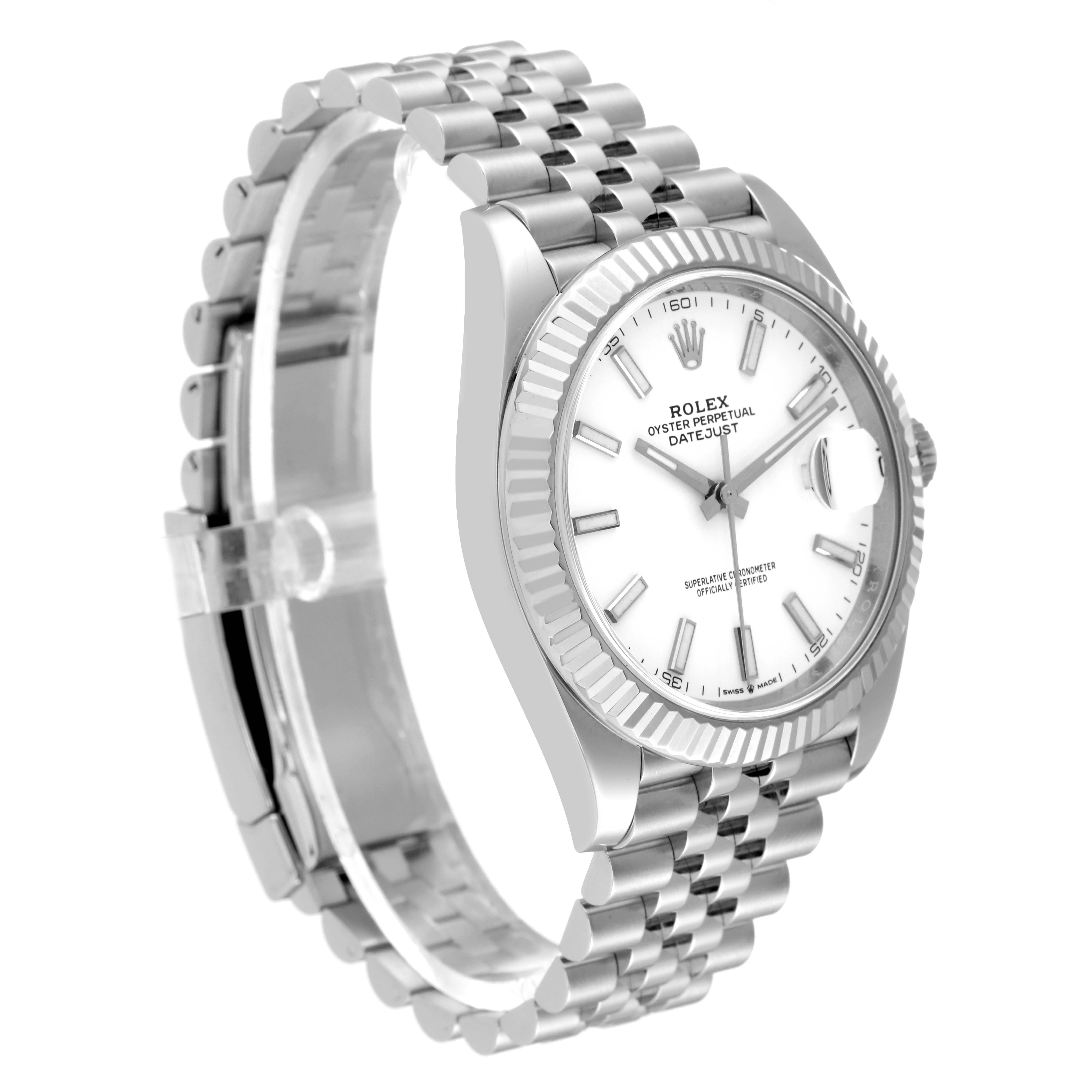 The image shows a side angle of a Rolex Datejust 41 126334 Men's Stainless Steel White Dial 126334 Men's Stainless Steel White Dial watch, revealing the dial, bezel, case, and Jubilee bracelet.