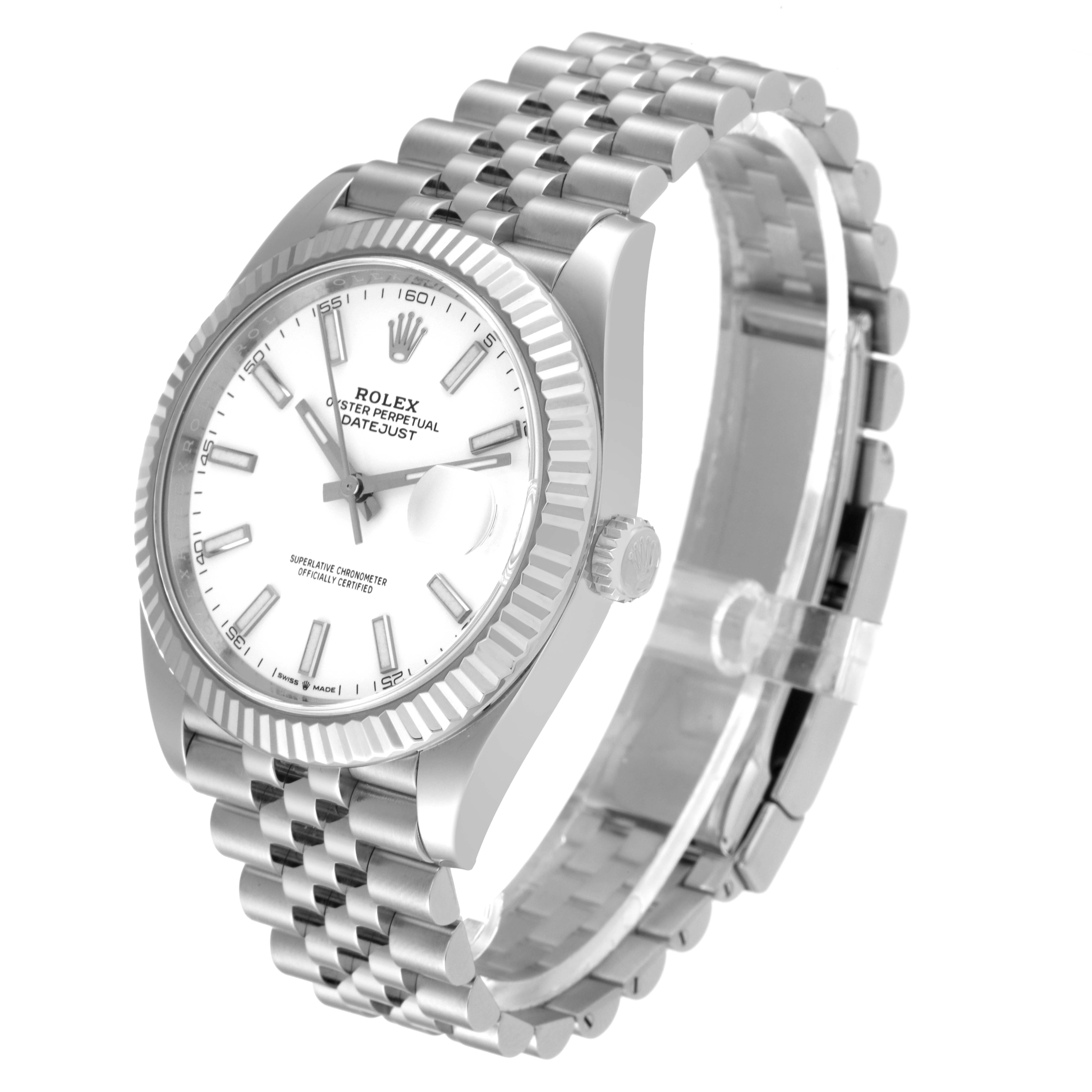 The Rolex Datejust 41 126334 Men's Stainless Steel White Dial 126334 Men's Stainless Steel White Dial watch is shown at a three-quarter angle, highlighting the face, bezel, and part of the bracelet.