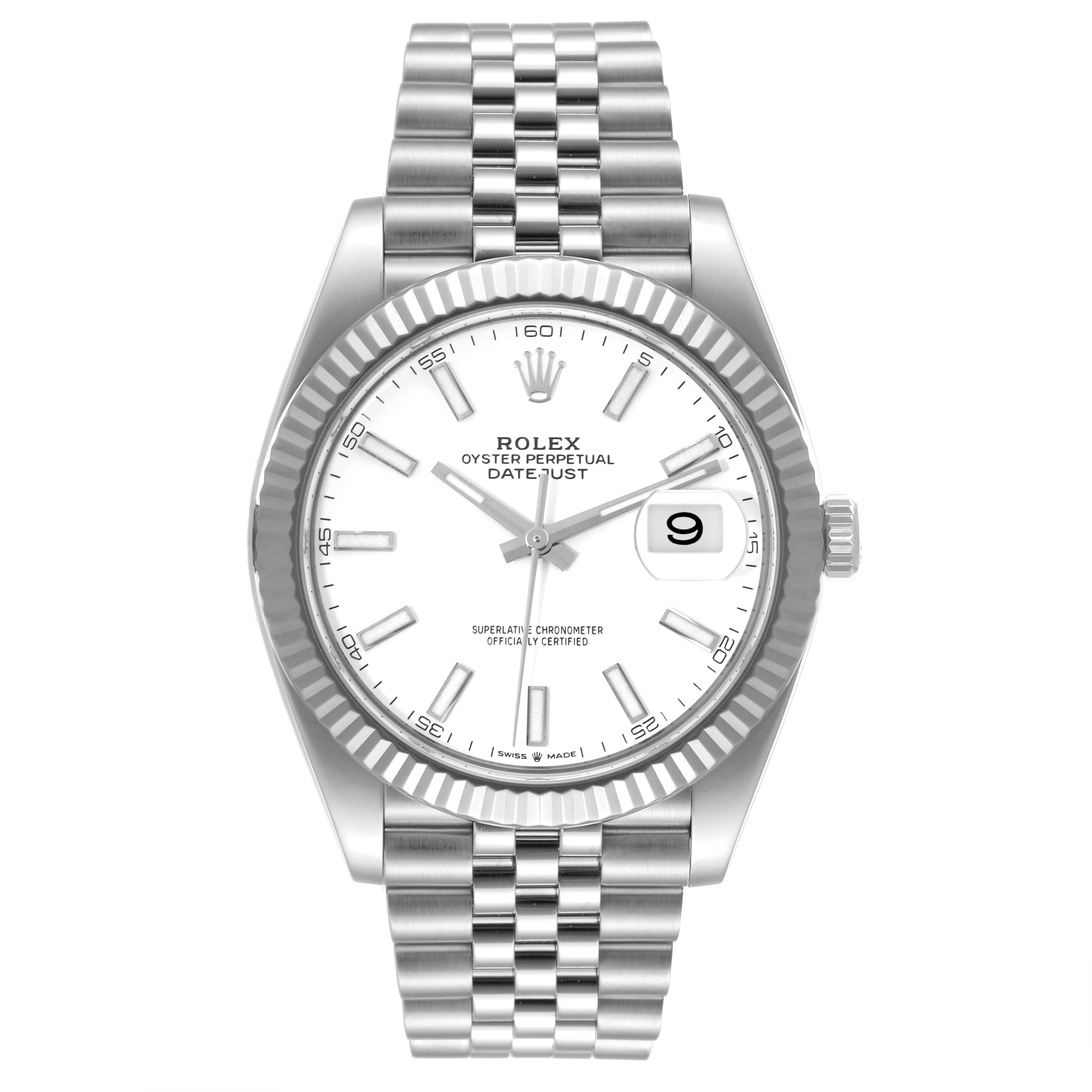 The image shows a full frontal view of the Rolex Datejust 41 126334 Men's Stainless Steel White Dial 126334 Men's Stainless Steel White Dial watch, displaying the dial, hands, bezel, and Jubilee bracelet.