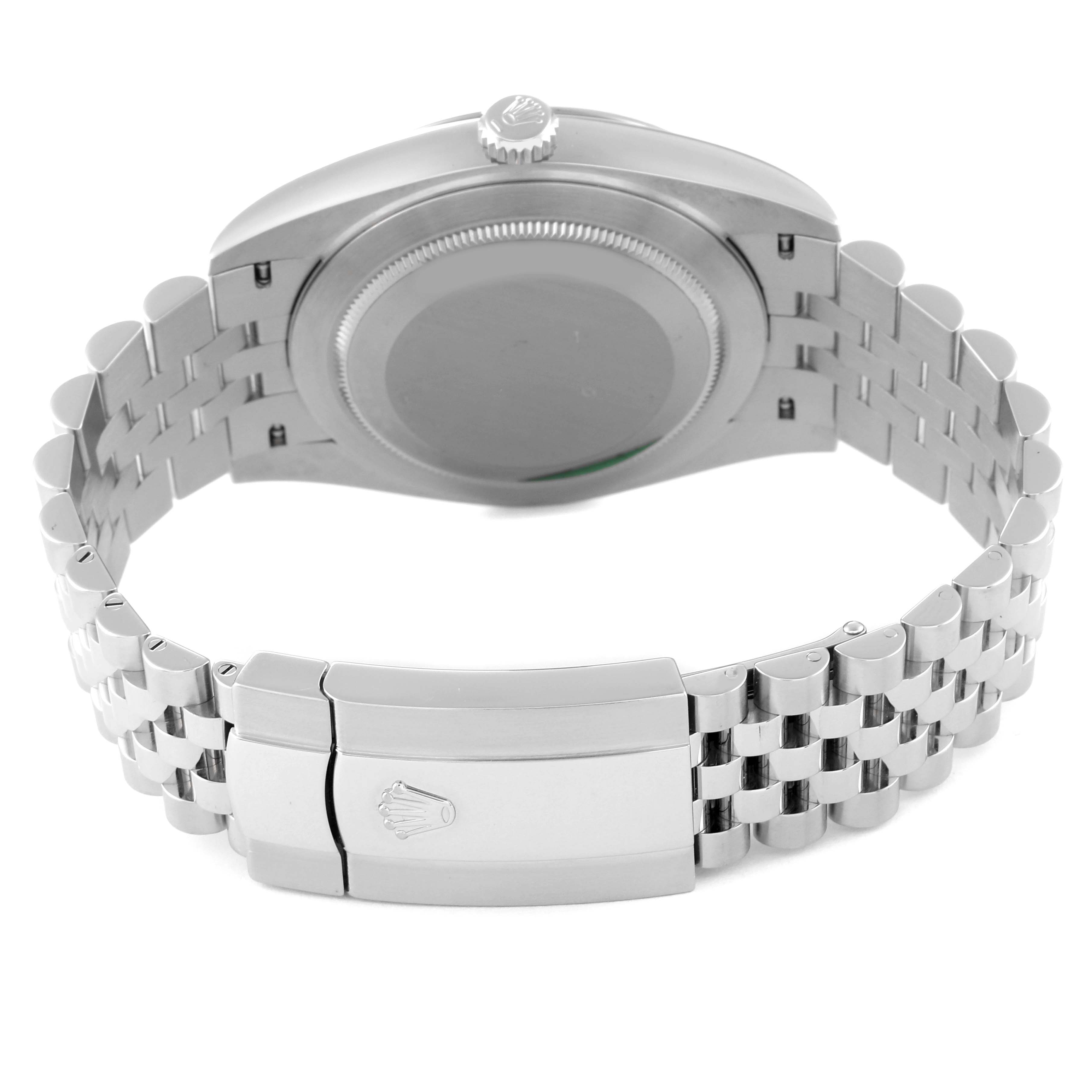 The image shows the back of the Rolex Datejust 41 126334 Men's Stainless Steel White Dial 126334 Men's Stainless Steel White Dial model, highlighting the case back and Jubilee bracelet with the clasp.