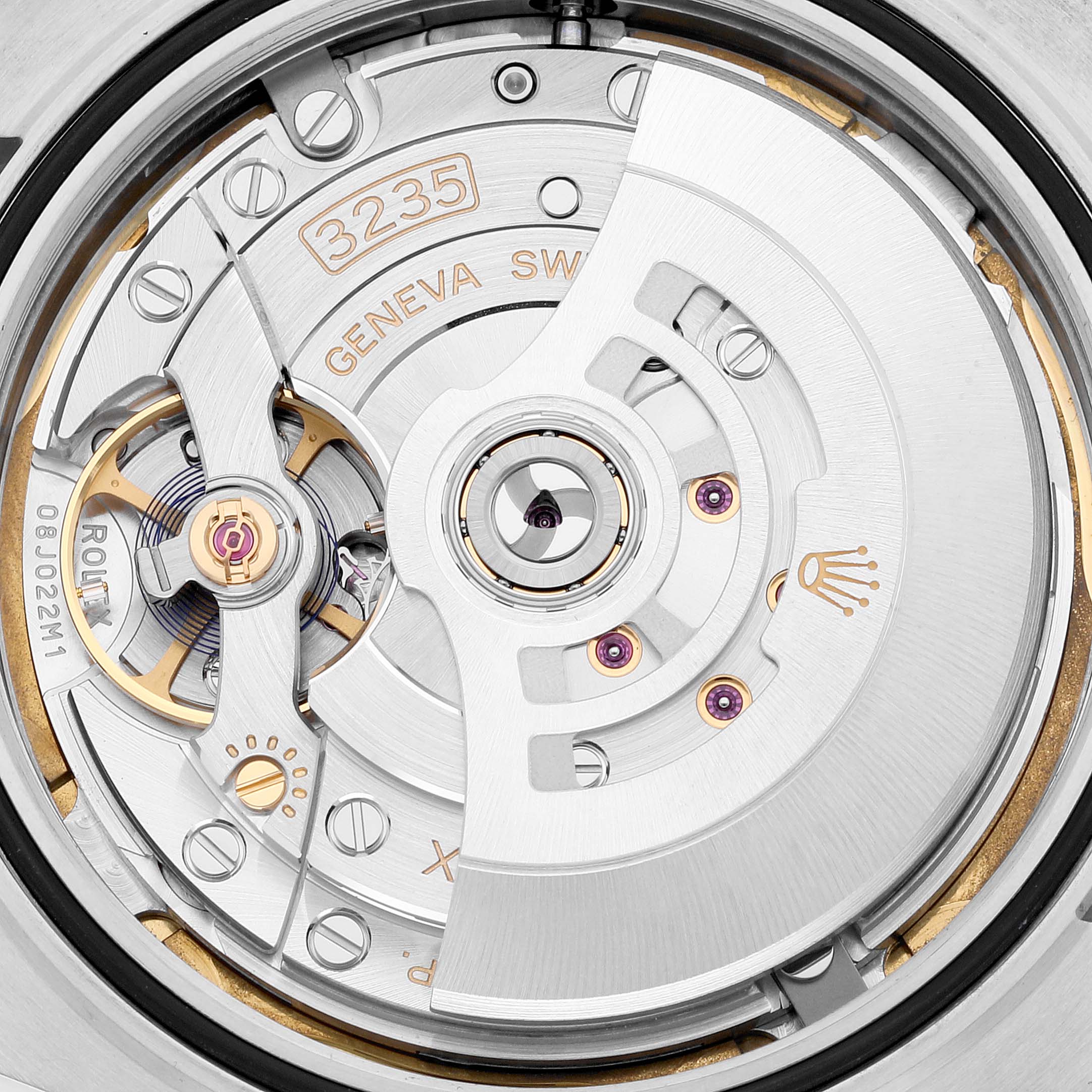 This image shows a close-up of the movement inside a Rolex Datejust 41 126334 Men's Stainless Steel White Dial 126334 Men's Stainless Steel White Dial watch, revealing the intricate mechanics, including the oscillating weight and other components.