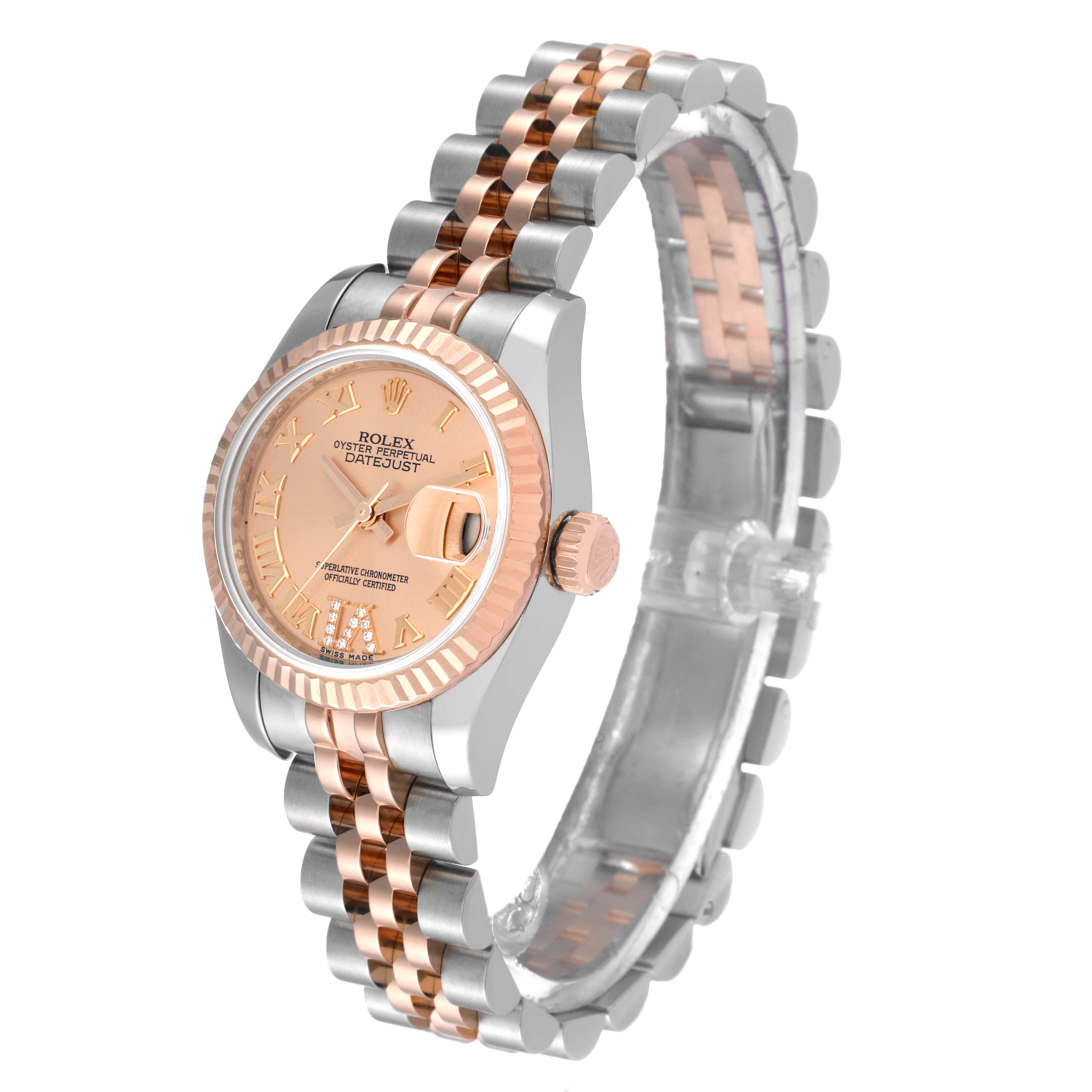 The Rolex Datejust 179171 Women
s Steel and Gold (two tone) Pink Dial 179171 Women
s Steel and Gold (two tone) Pink Dial watch is shown at a slight angle, highlighting the face, bezel, crown, and part of the bracelet.