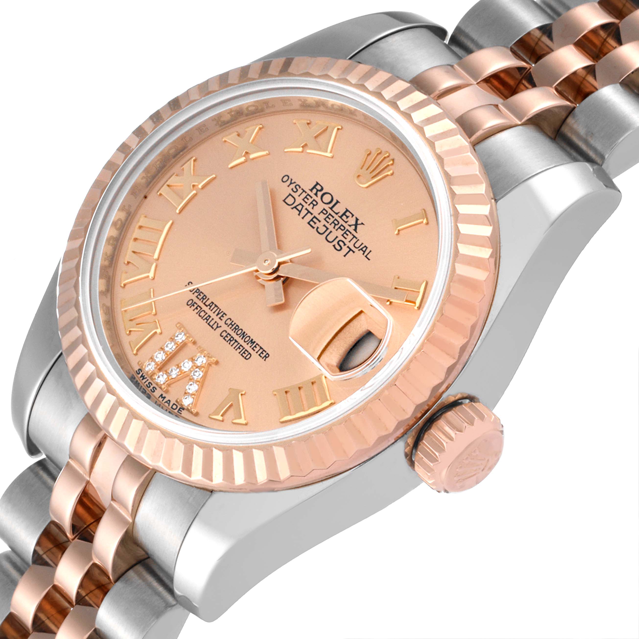 The image shows the face, bezel, crown, and part of the bracelet of a Rolex Datejust 179171 Women
s Steel and Gold (two tone) Pink Dial 179171 Women
s Steel and Gold (two tone) Pink Dial watch at a slight angle.