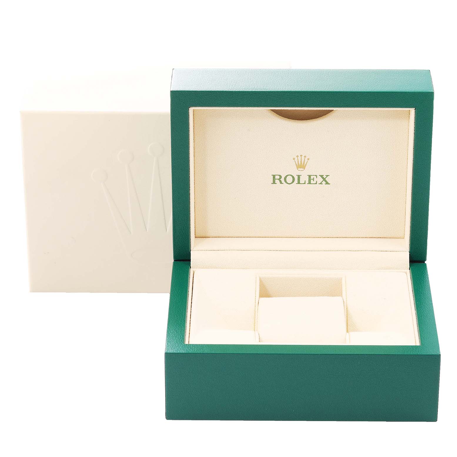The image shows an open green and beige Rolex Datejust 179171 Women
s Steel and Gold (two tone) Pink Dial 179171 Women
s Steel and Gold (two tone) Pink Dial watch box with compartments, featuring the Rolex logo.