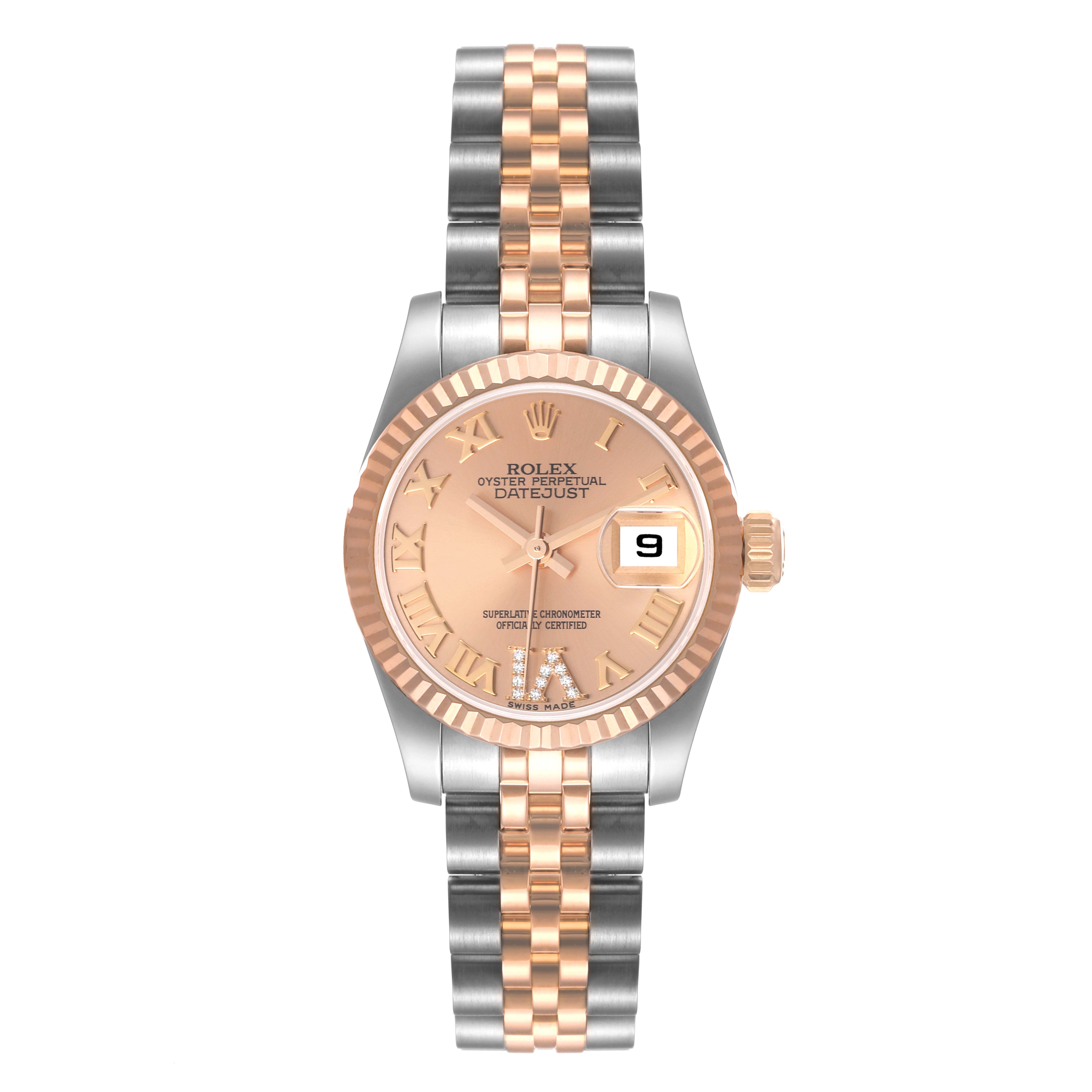 The image shows a Rolex Datejust 179171 Women
s Steel and Gold (two tone) Pink Dial 179171 Women
s Steel and Gold (two tone) Pink Dial watch, featuring a two-tone bracelet, fluted bezel, and date window at the 3 o
clock position.
