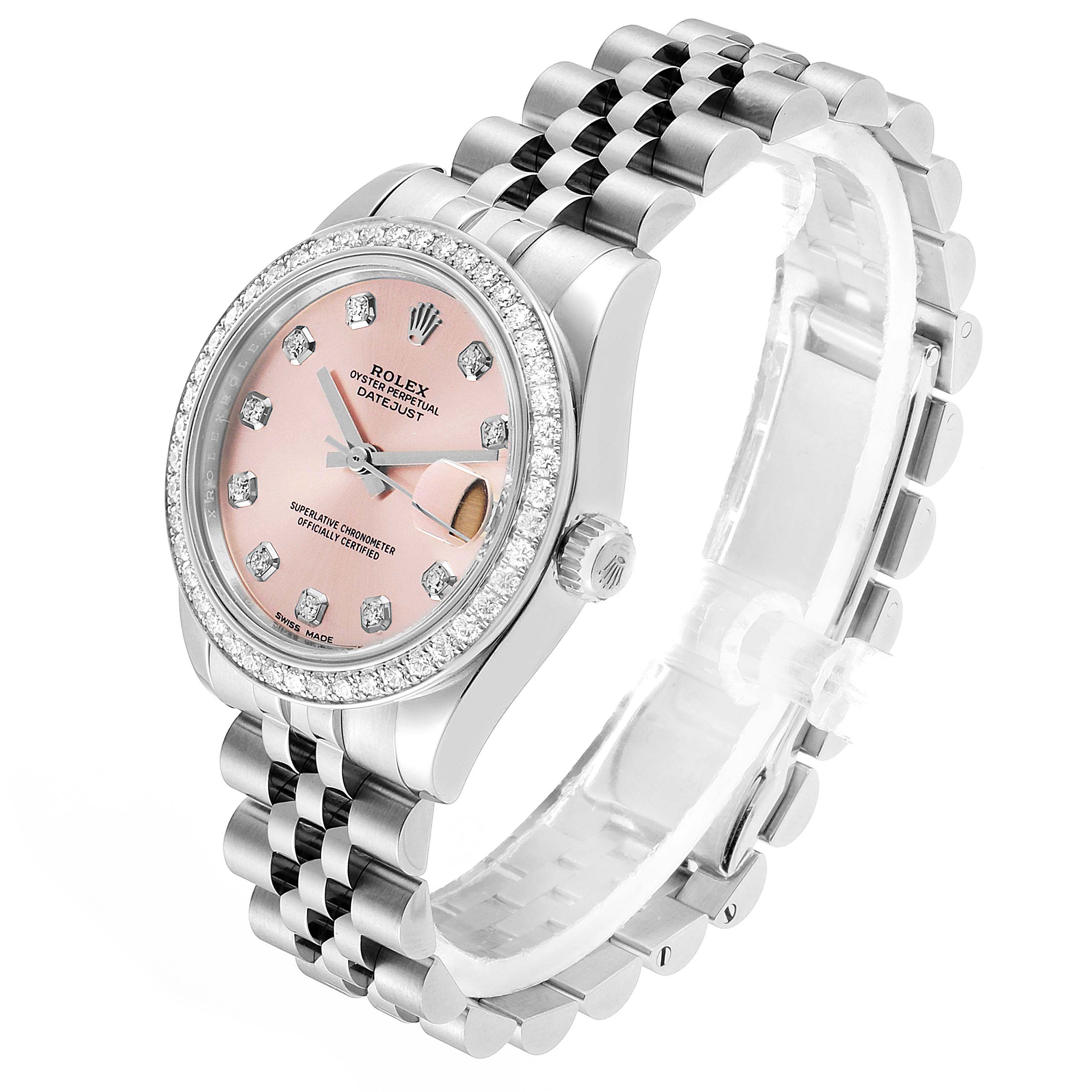 The image shows a Rolex Mid-Size 178384 Women's Stainless Steel Pink Dial 178384 Women's Stainless Steel Pink Dial model watch at an angle displaying the face, bezel, and bracelet.
