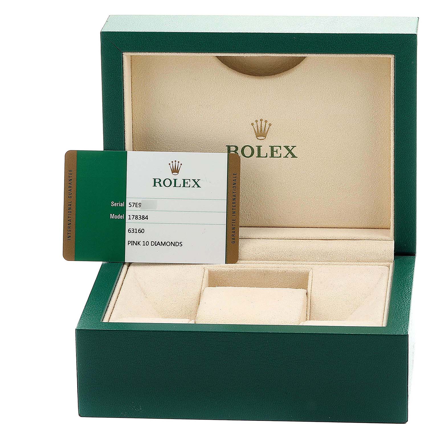 The image shows an open green Rolex box with the model 178384 card propped inside. No watch is visible.