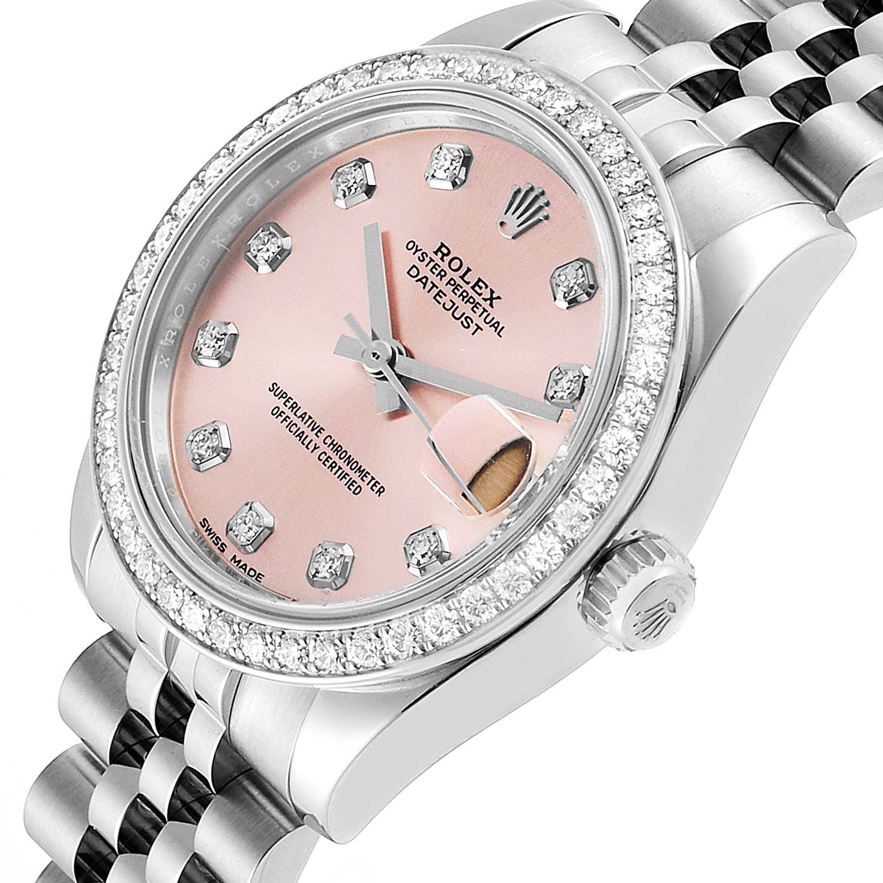 This Rolex Mid-Size 178384 Women's Stainless Steel Pink Dial 178384 Women's Stainless Steel Pink Dial Datejust watch is shown at a slight angle, displaying the dial, crown, and part of the bracelet.