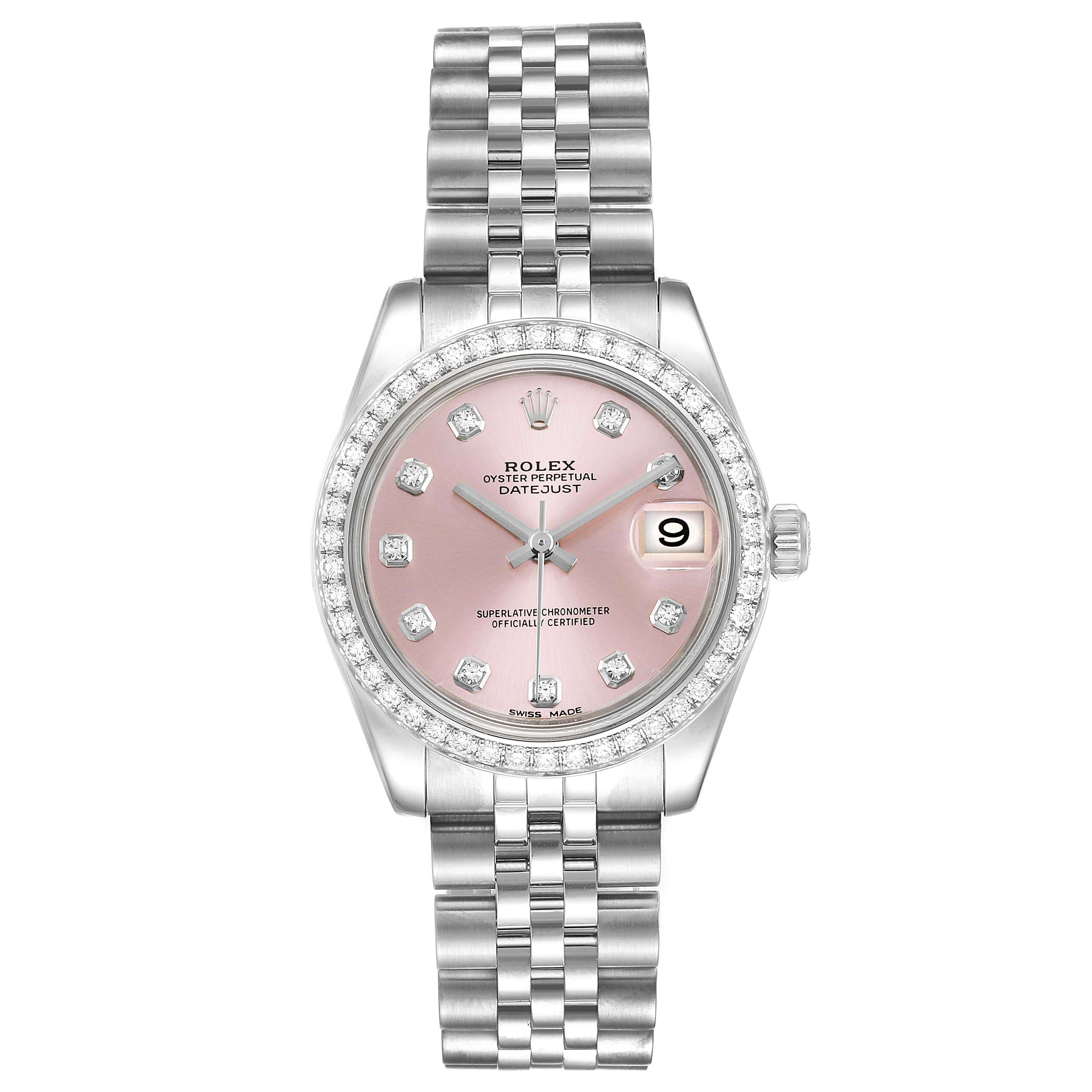 The image shows a front view of a Rolex Mid-Size 178384 Women's Stainless Steel Pink Dial 178384 Women's Stainless Steel Pink Dial Datejust watch with a pink dial and diamond hour markers.