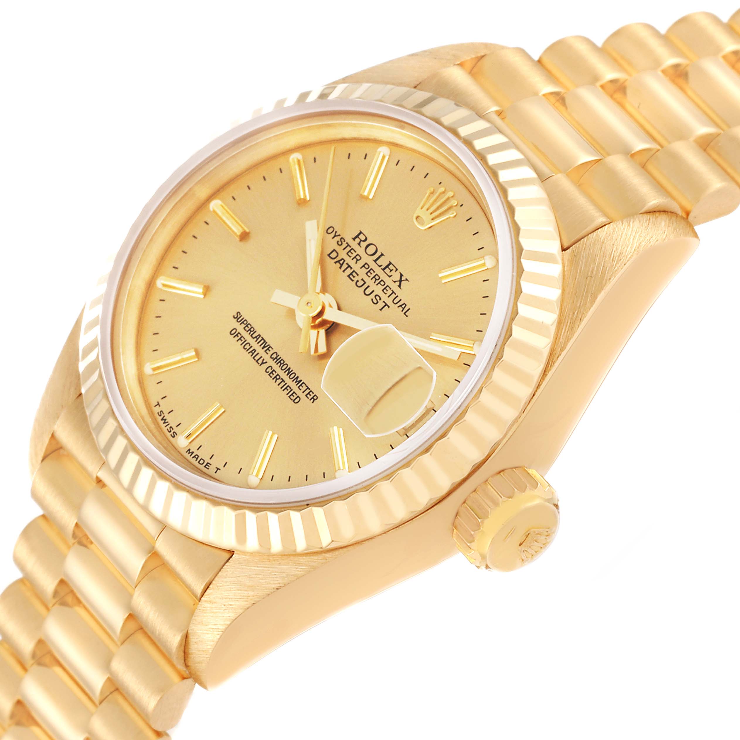 This image shows the face, bezel, crown, and part of the bracelet of a Rolex President 69178 Women's Yellow Gold Champagne Dial 69178 Women's Yellow Gold Champagne Dial Datejust watch at an angle.