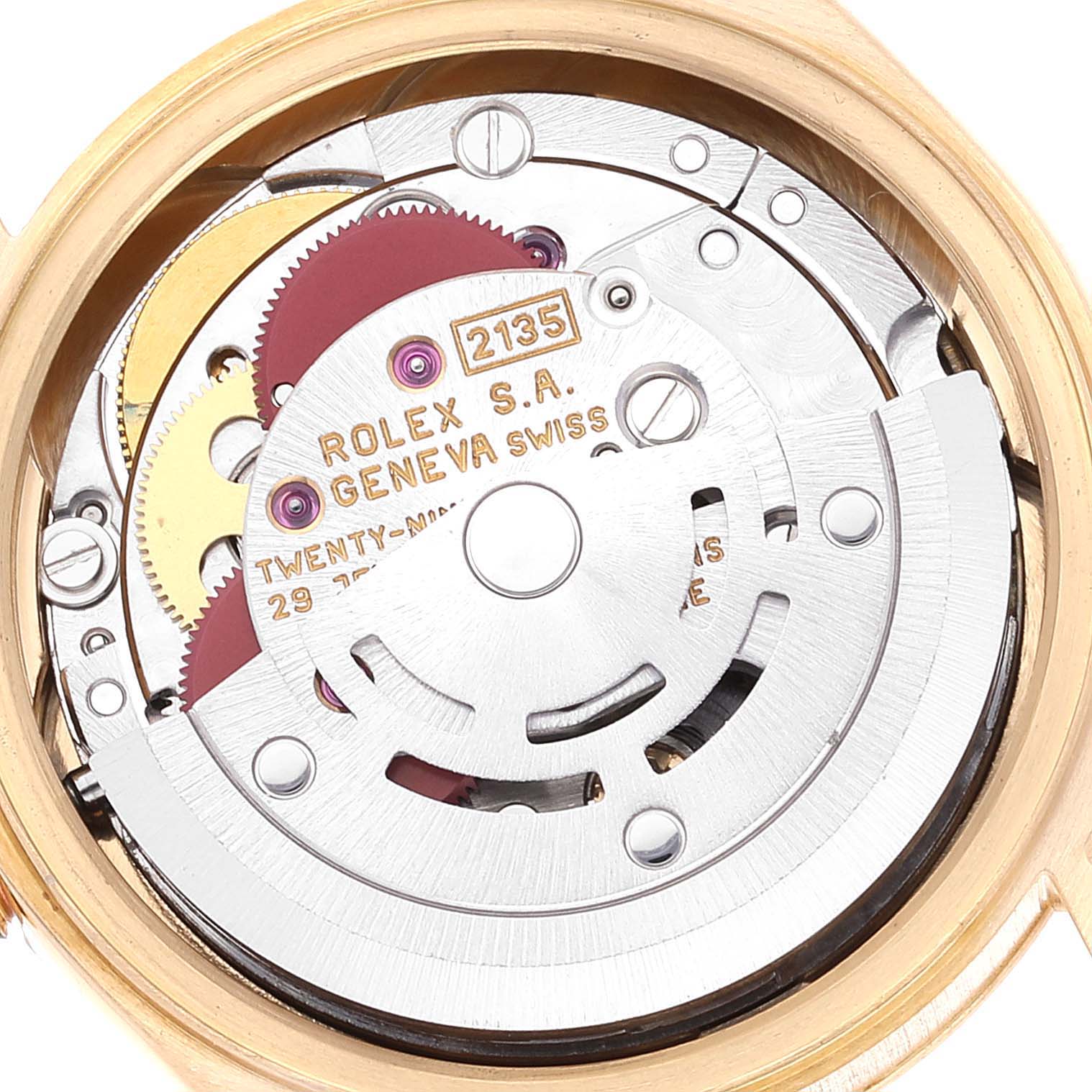 This image shows a close-up of the movement mechanism inside a Rolex President 69178 Women's Yellow Gold Champagne Dial 69178 Women's Yellow Gold Champagne Dial model watch.
