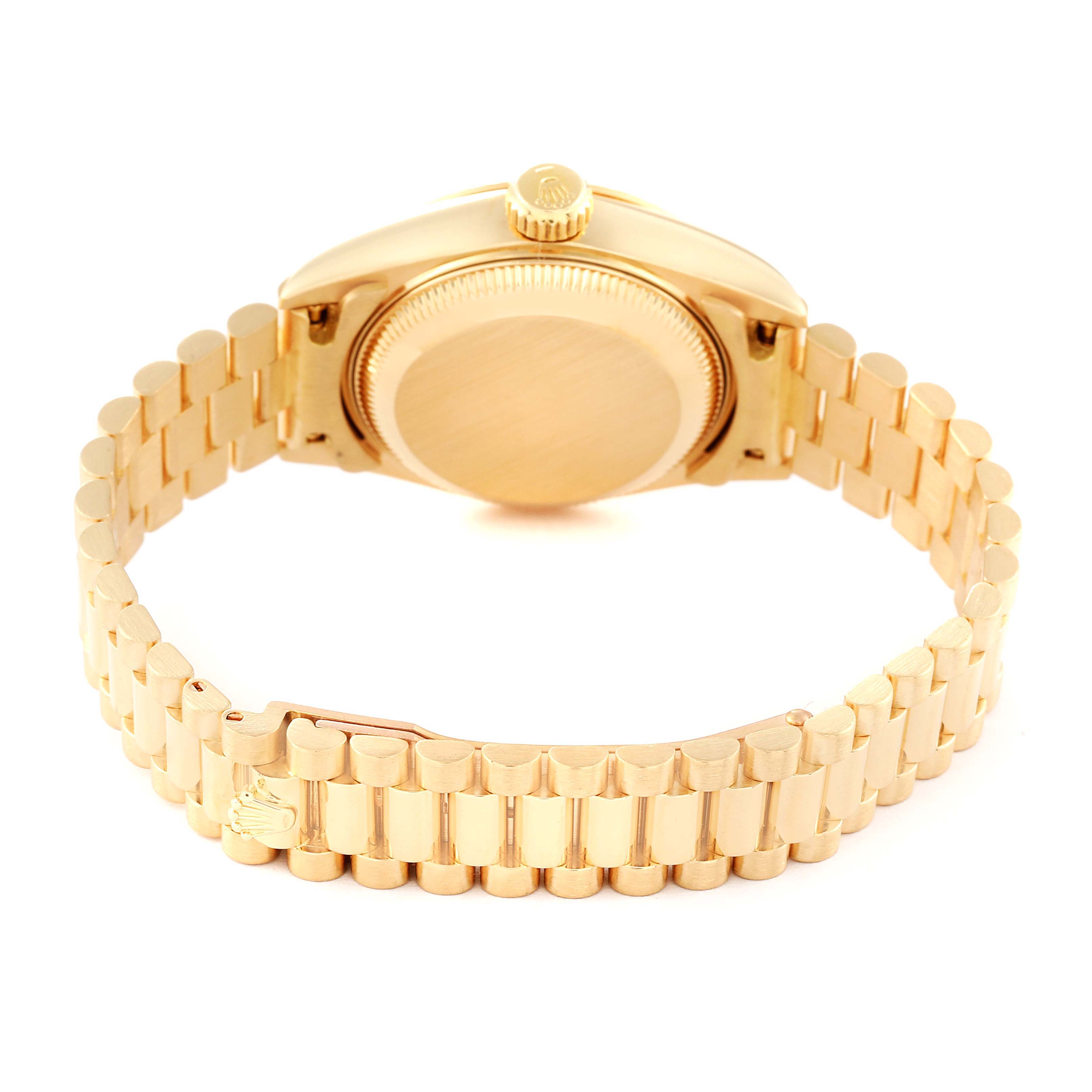 This is a rear view of the Rolex President 69178 Women's Yellow Gold Champagne Dial 69178 Women's Yellow Gold Champagne Dial model watch, showing the case back and the bracelet.