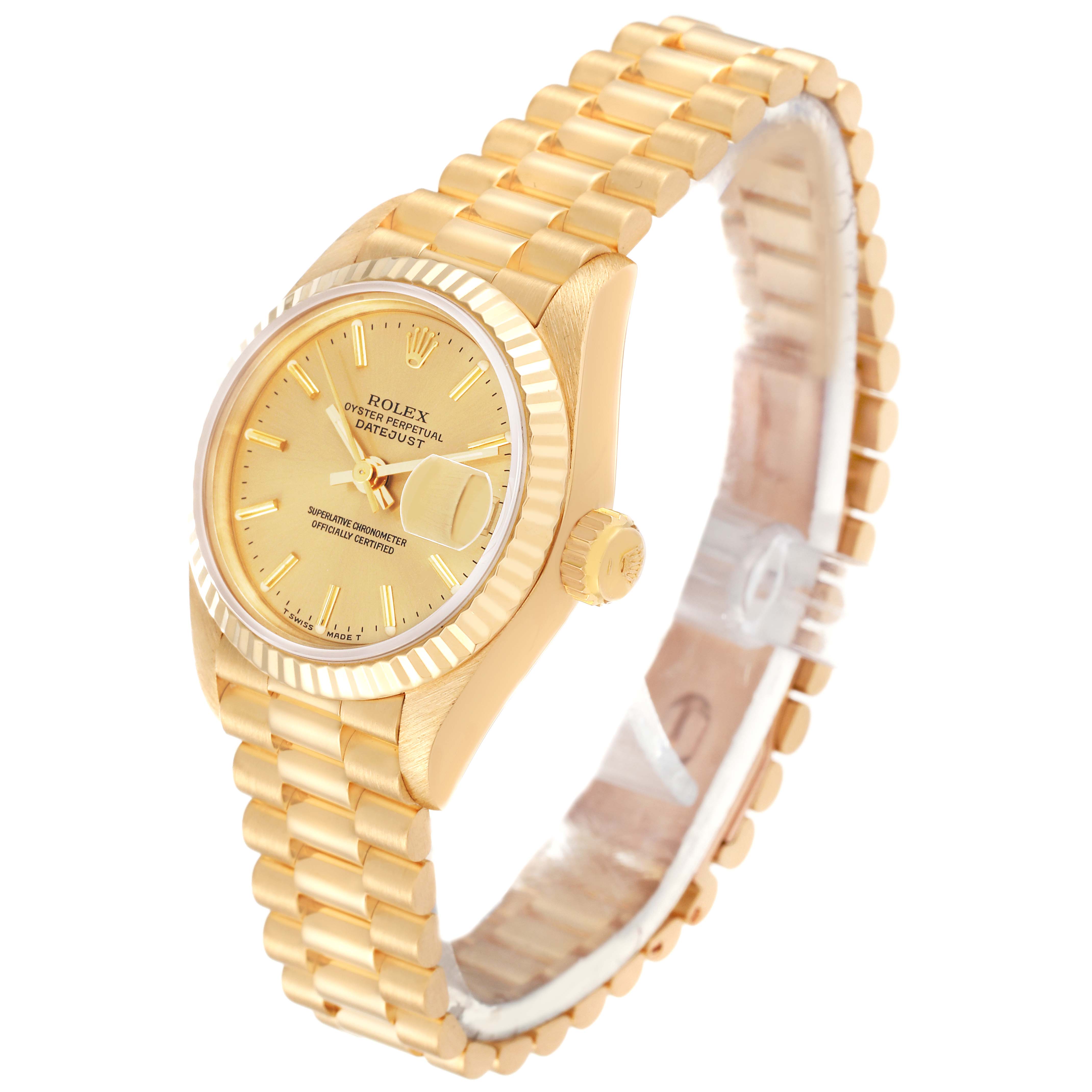 The watch, a Rolex President 69178 Women's Yellow Gold Champagne Dial 69178 Women's Yellow Gold Champagne Dial model, is shown at a slight side angle, displaying the dial, bezel, crown, and bracelet.